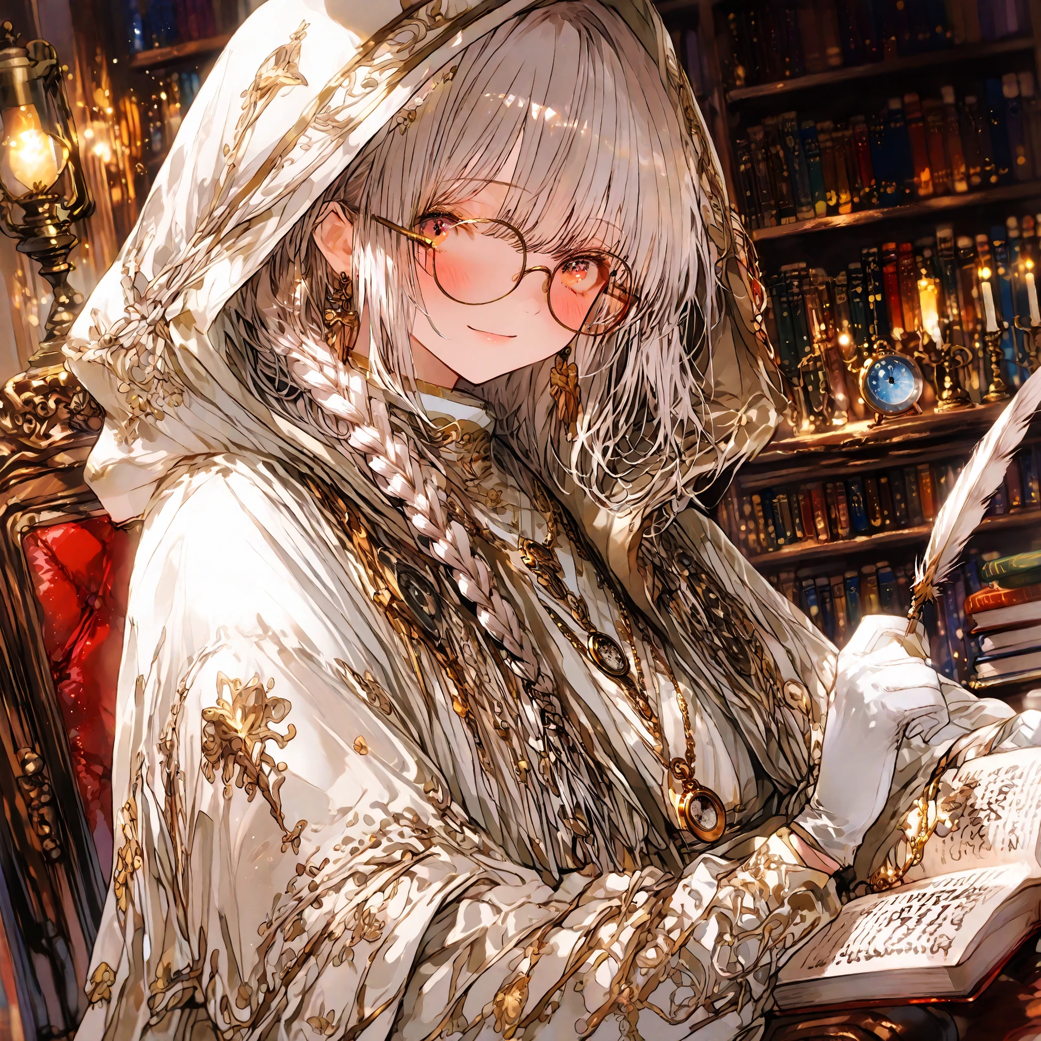 masterpiece,Highest Quality,Super Detailed,high resolution,Official Illustrations,Slender,high quality、score_9、score_8_up、score_7_up、masterpiece、high quality、Super Detailed、high resolution、high quality、Highest Quality、anime style、dynamic angle、masterpiece、((girl sitting on a chair with a quill pen writing a book))、 1 girl( Silver Hair、braids、 Gold-rimmed glasses、god秘的な金色の目、White Hooded Coat、white gloves、holding a quill pen、I'm writing a book 、Keep a diary 、((Pocket Watch Necklace))、Gentle smile、) The Magic Ancient Library, Eternity Bookcase、 Ancient Greek Ornaments, 時を司るgodの象徴, god話シーン, 古代のgod々engraved,( ( Thick pile of books on an upscale desk))、god々Immeasurable Majesty、窓の外に広がるgod秘的な空間、((Gold hourglass))、 upper body composition