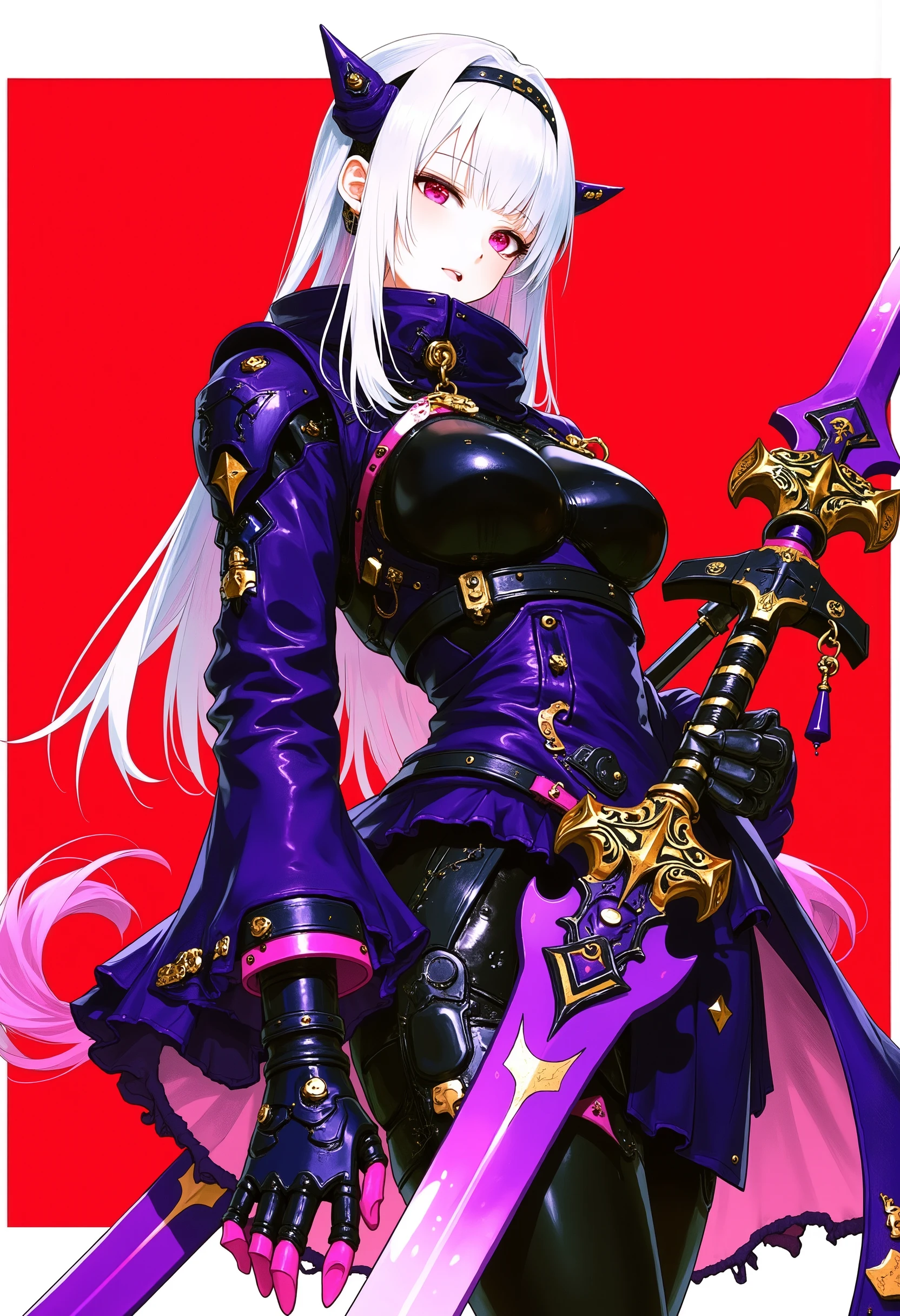 anime illustration shows a female character with long white hair and pink eyes, wearing a black and purple outfit with a high collar and long sleeves in a futuristic design. She holds two large purple swords with intricate designs, long curved blades, and sharp pointed tips, and wears black gloves with pink accents. She has a serious expression and stands in front of a red background.