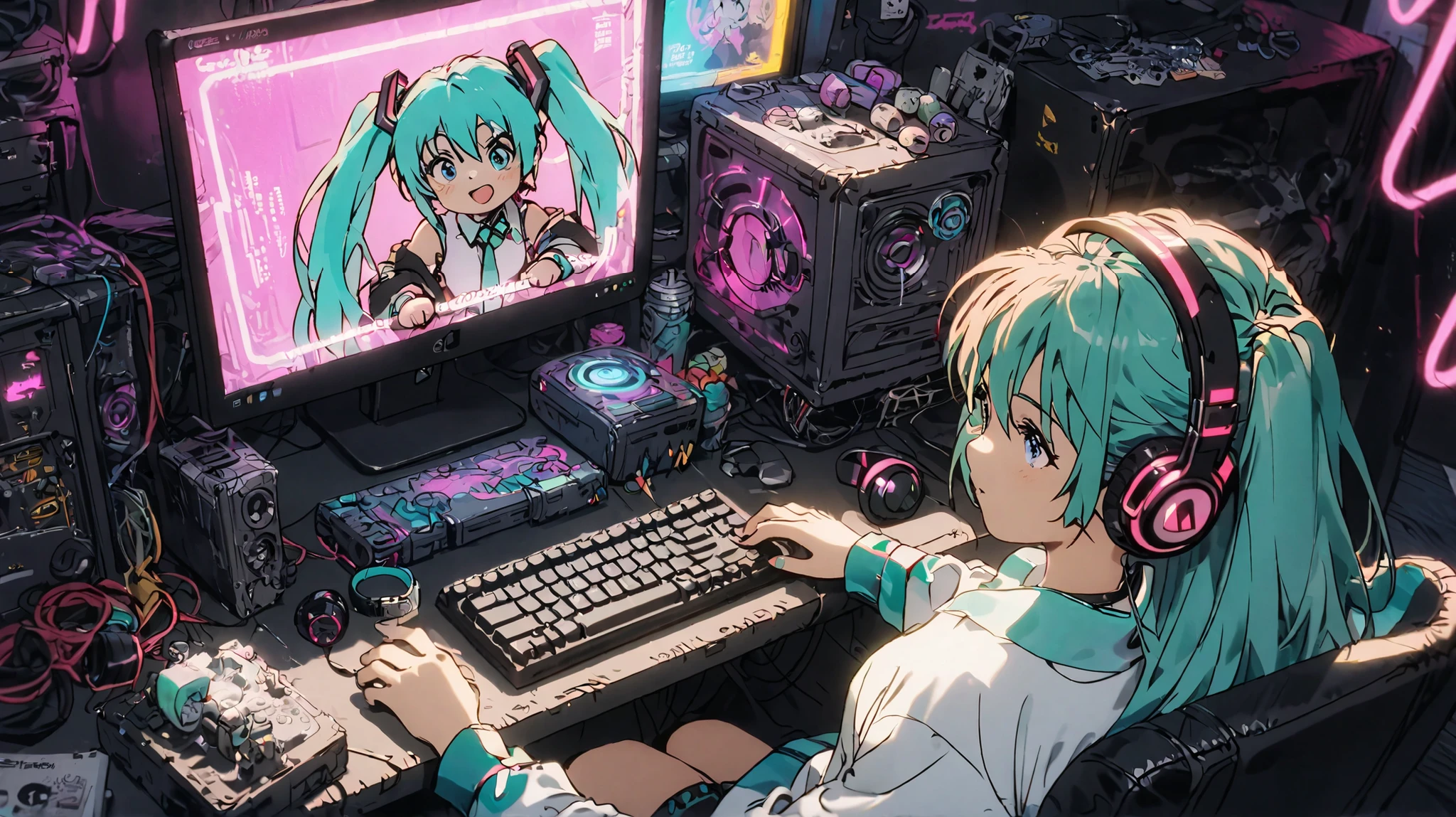 Hatsune Miku,Megurine Luka, How to make individual headphones scattered green,hacker,sit at the desk,While working on a computer,neon light,Cinematic,cyberpunk,plush penguin