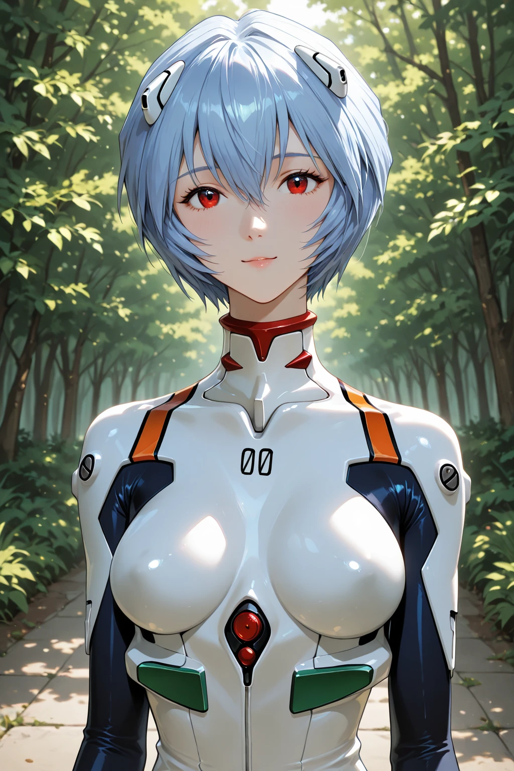 masterpiece, best quality, very aesthetic, ultra detailed, intricate details, 4k, anime style,
LatexRei, 1girl, solo, blue hair, short hair, bangs, red eyes, eyelashes, breasts, small breasts, hair between eyes, expressionless, 
gloves, bodysuit, turtleneck, pale skin, breasts apart, pilot suit, bracer, plugsuit, white bodysuit, skinny, interface headset, ayanami rei, neon genesis evangelion, 
portrait, upper body, spoken question mark, looking at viewer, forest, outdoors, tree, sunlight, cloudy, <lora:Rei_XL:1>