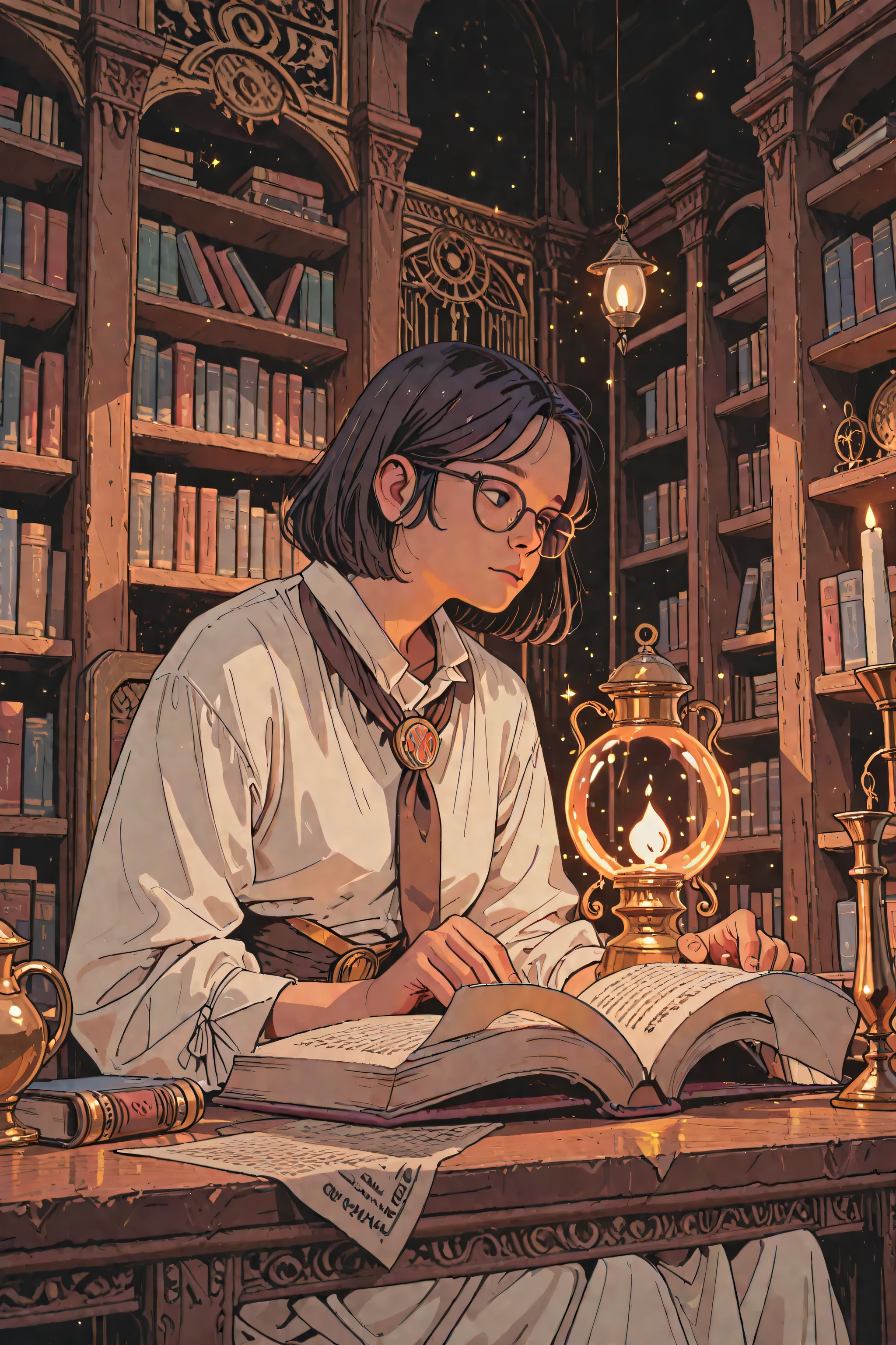 flat design, bold outlines, minimal shading, solid colors, A handsome young Englishman of today, dark hair, glasses, wearing a white shirt and tie, finds himself magically transported into the ancient Library of Alexandria of 100 BCE, where bearded Greek scholars in togas who are reading papyrus scrolls by the light of oil lamps gaze at him quizzically. Realistic, 8K, fantasy, masterpiece. , library background, tall book shelves, minimal sparkles, clean vector style