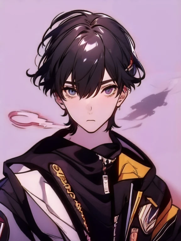 young, 1 boy, hair: black with pink highlights, looks at the viewer, calm expression, sly, sly, facial focus, Dutch angle, high definition 4k. yellow and green heterochromia eyes.