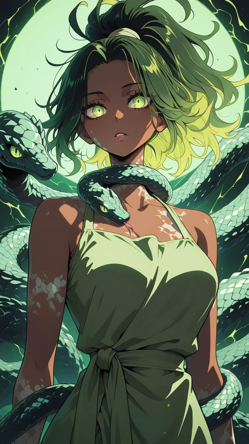 snake girl,Snake tights, green,green eyes, Snake Eyes, White hair, expressionless