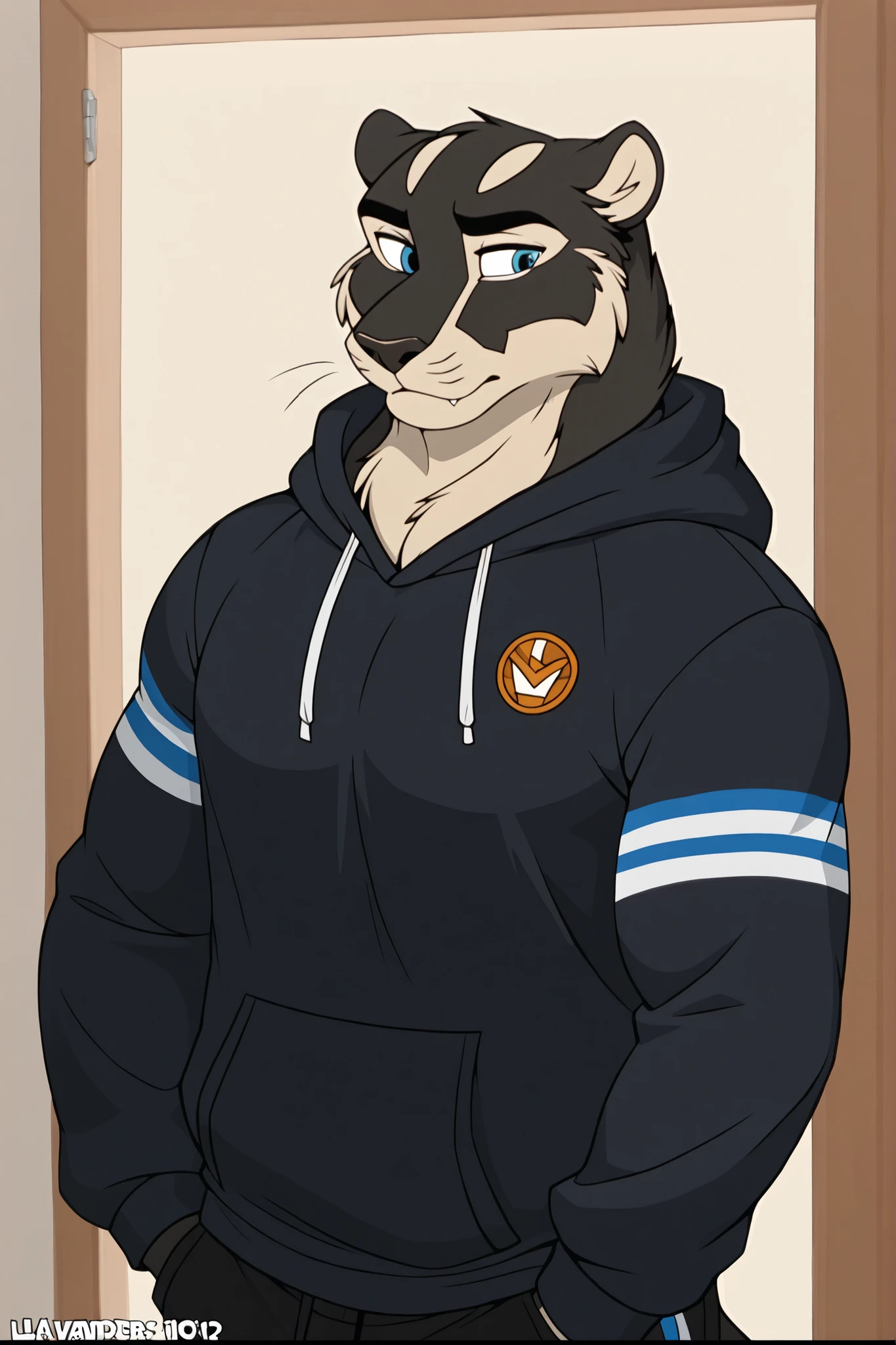 furry,anthro,panne,pantaro,black_panther,black_body,(male),(1boy),BLUE_EYES,hyper_biceps,hoodie white,stripe_blue,hair_lavander_long,