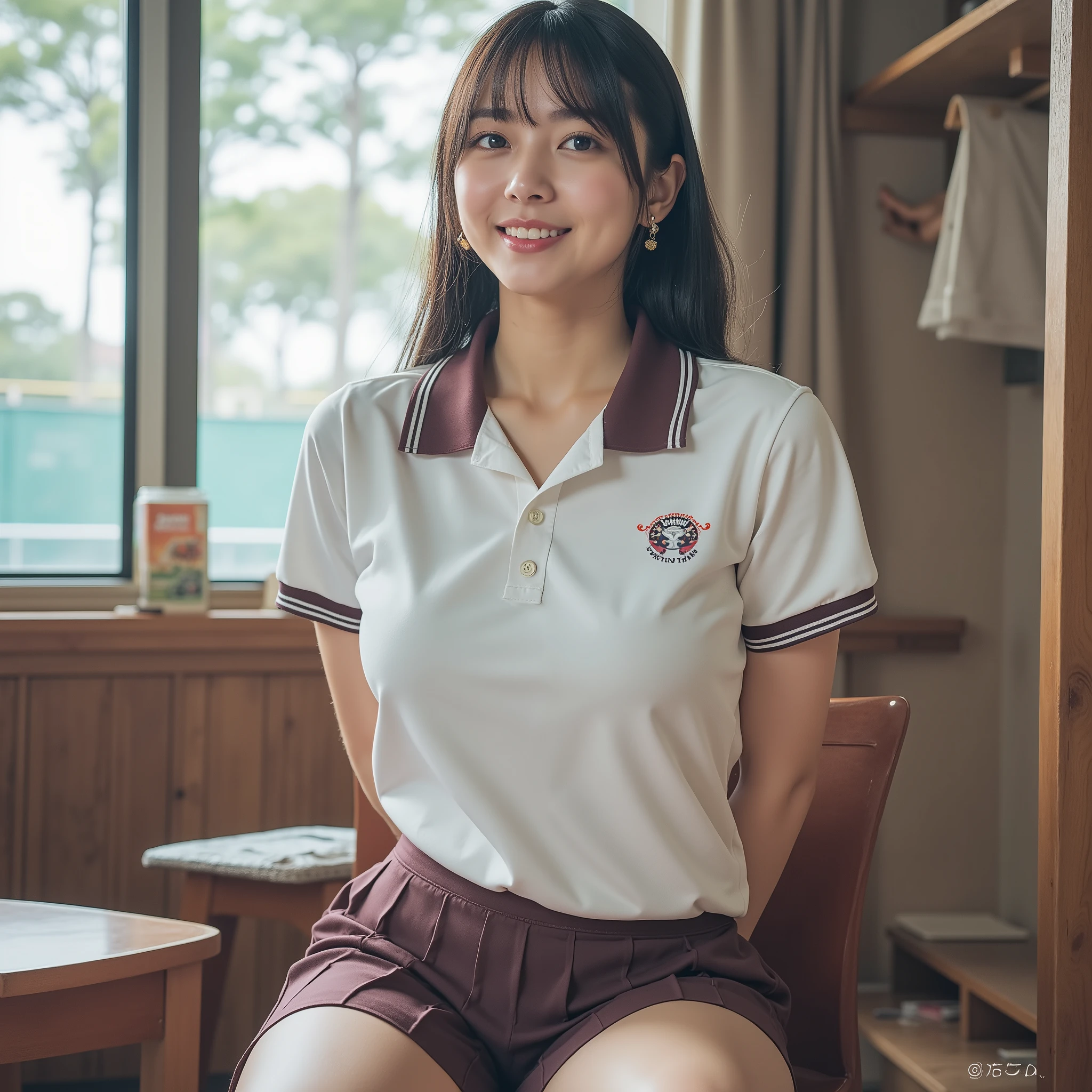 masterpiece, Highest Quality , 超details , details, high resolution, 8k,Wallpaper, perfect dynamic configuration,(Here it is Wobble High Quality, Realisticな描写:1.3), standing, ( Collared polo shirt with a different collar color), pleated skirt, knee-high socks, twin tail, Background, dark haired, Big Natural Colored Lips, Plump Lips, (locker room), ( Complete ), 、 Harajuku style、 20 year old girl 、 cutest type of women、 Beautiful legs, Gravure Idol、sit on a chair、You can see a tennis court behind the large window、『1 Japanese woman:1.3』『raw photo:1.3』Highest Quality:1.2、normal woman not beautiful、Country-smelling 、(Saggy Chest、narrow waist:1.2))、((35 year old woman))、without makeup『20 year old Japanese adult woman:1.2』、(((anatomically correct、perfect anatomy、anatomically correct指)))、Realistic, Highest Quality, 超high resolution, RAW photo, (thin waist:1.5)、Saggy Eyes、Round face outline、((cowboy shot:1.3))、Full Body、head to toe、画角にFull Body、Show your feet、long shot、drawing composition、no missing hands and feet、