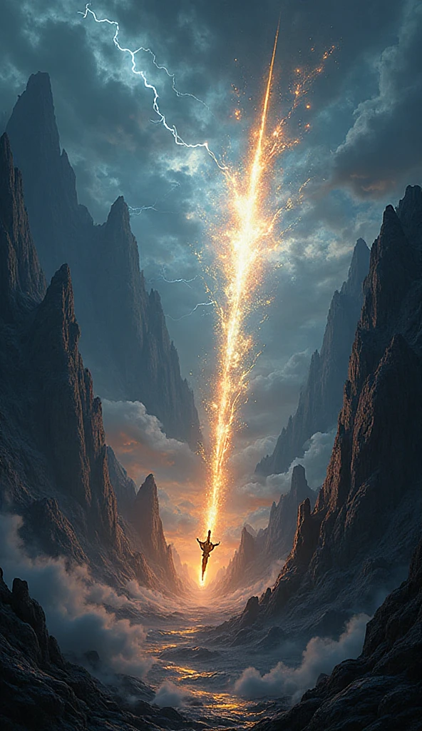 Epic dark fantasy scene, a mystical bow glowing with divine energy ...