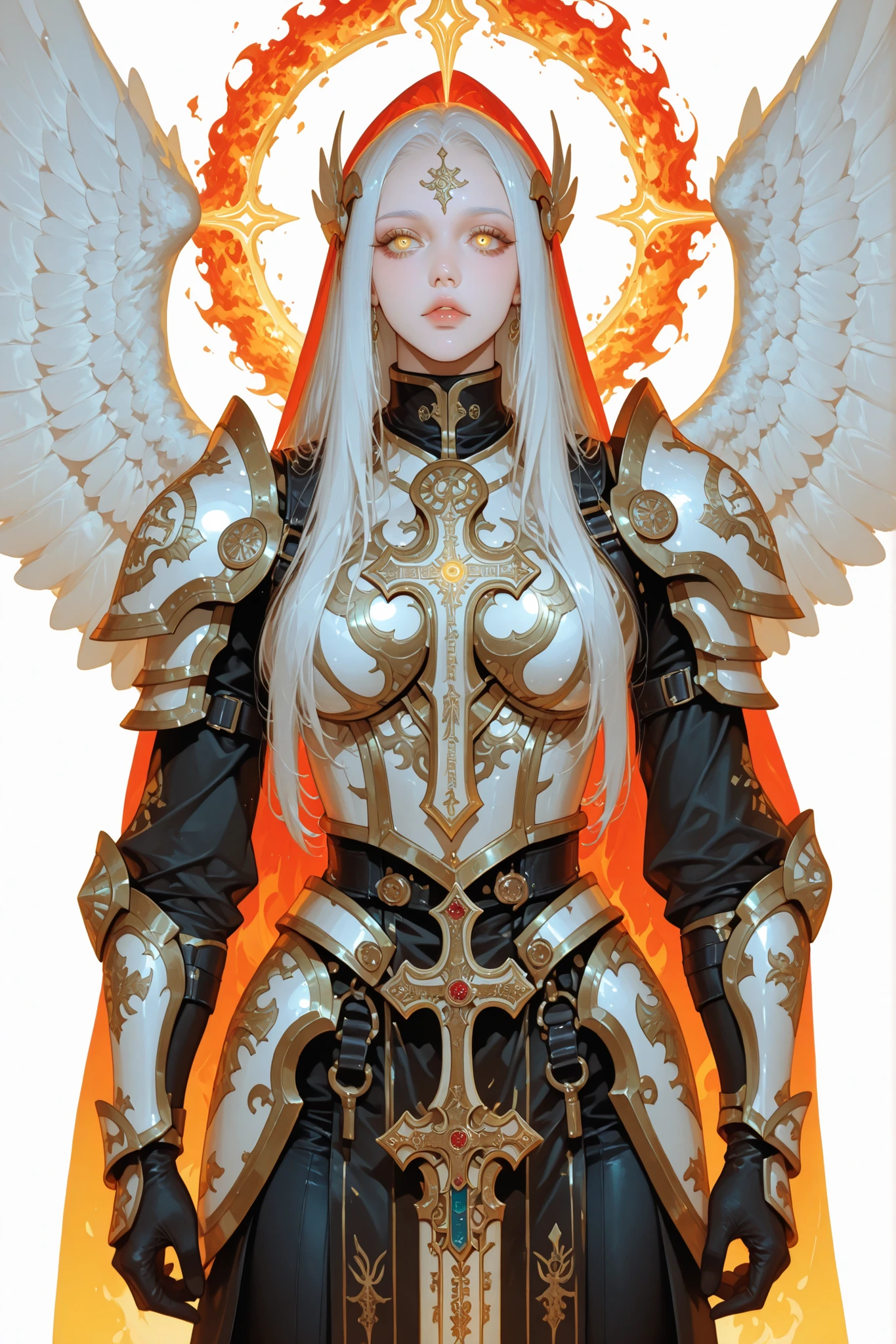 Gabriel Archangel with double white wings, short white hair, Golden-eyed Iris, forte, musculoso, armadura de ouro, Shine of the armor neon gold, Book of Fire in the Hand