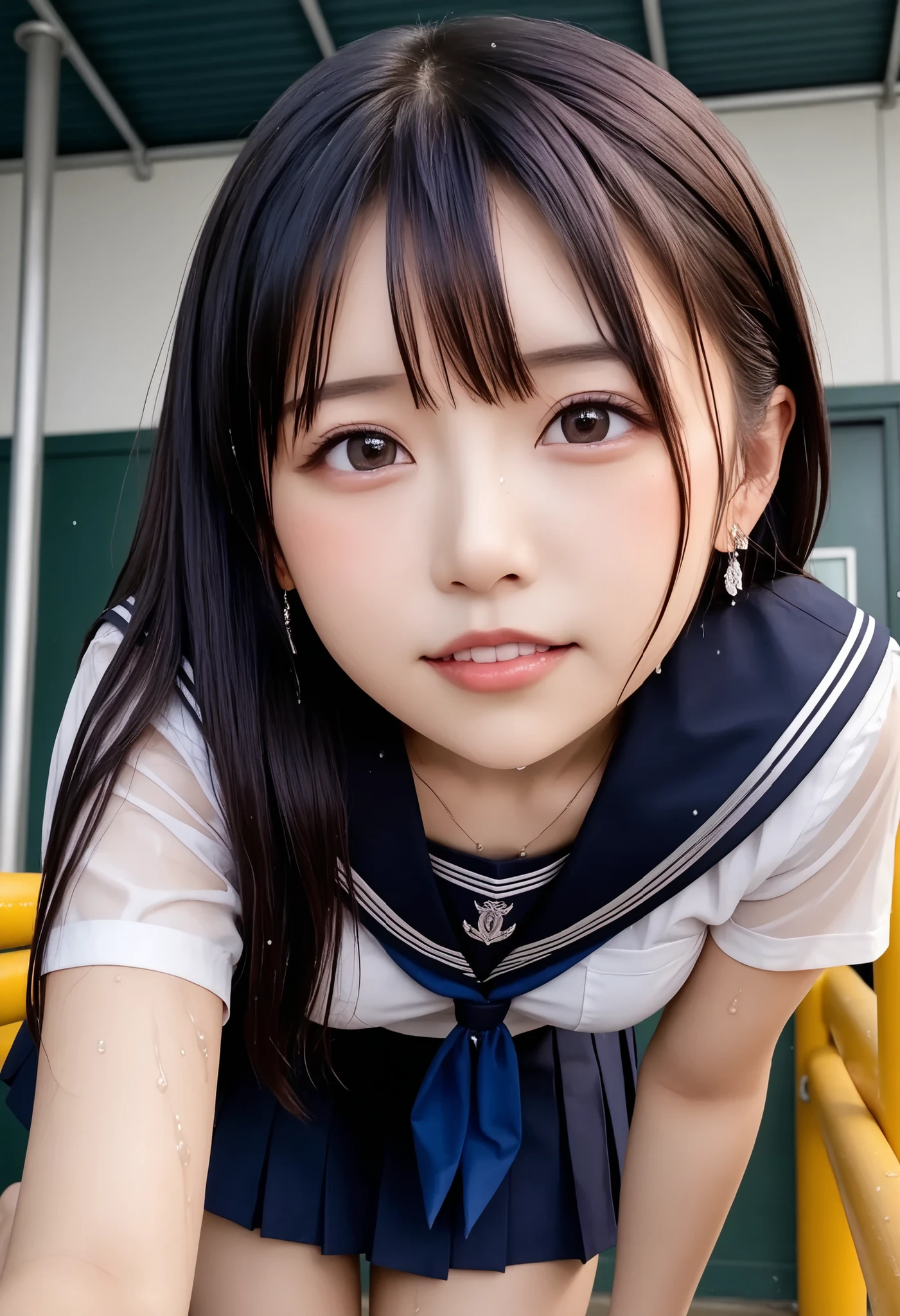 最High Quality 、High Quality 、 最high definition、high definition、8K quality、high image quality 、最High Quality、 masterpiece 、immersive video、 very realistic image 、Realistic Paintings、 perfect details 、 high contrast from behind 、High Fidelity、 perfect photo without blur、close to reality、 full of details Reproduced image、 Detailed and REALISTIC WEAPON 、 realistic human skin in every detail 、 realistic face in every detail、 Realistic eyes in detail 、 detailed lips drawn realistically 、 detailed and real teeth、Real Ears、 Realistic Hair 、((Japanese model))、((Gravure Idol))、((Young face))、((dark hair))、((rounded medium breasts))、(( Stylish body ))、(((Drenched and wet skin all over )))、Detailed and Realistic Human Body、Realistic skin with attention to detail、Detailed realistic face、detailed realistic arms、Detailed and realistic fingers、realistic legs down to the smallest detail、Detailed Realistic Breasts 、((暗い cold stormy weather))、((Heavy Rain))、((heavy rain))、((School Playground))、sailor suit next to the eye、sailor skirt、Japanese School Uniform、((Heavy Rainの中(Girl standing in the middle of the schoolyard))、((You can see through when wet (クロップトップsailor suit next to the eye、ミニsailor skirt))、((( white panties visible between thighs,Her panties are see-through in the rain)))、((troubled face、blush、cowgirl))、((Heavy Rainを浴びて( Wet Skin from Head to Feet ))、((Rainwater dripping from her skin))、((The body lines are clearly visible even through the uniform.(The uniform is wet and sticks to her skin.))、((Rainwater dripping from the uniform))、Angle from Below