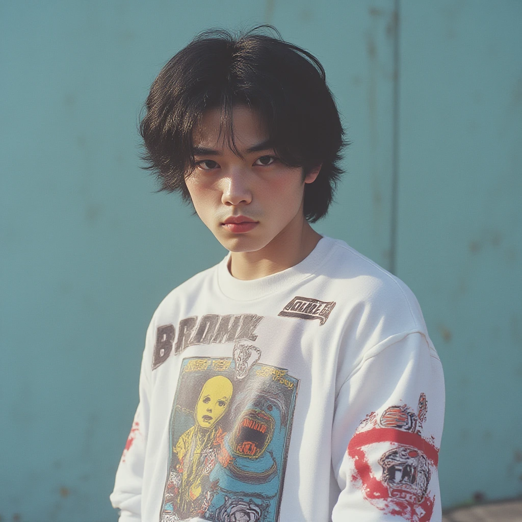 Make yong boy and Curly hair top sut colour is red and red pent boy sit down is blue car in senter face 