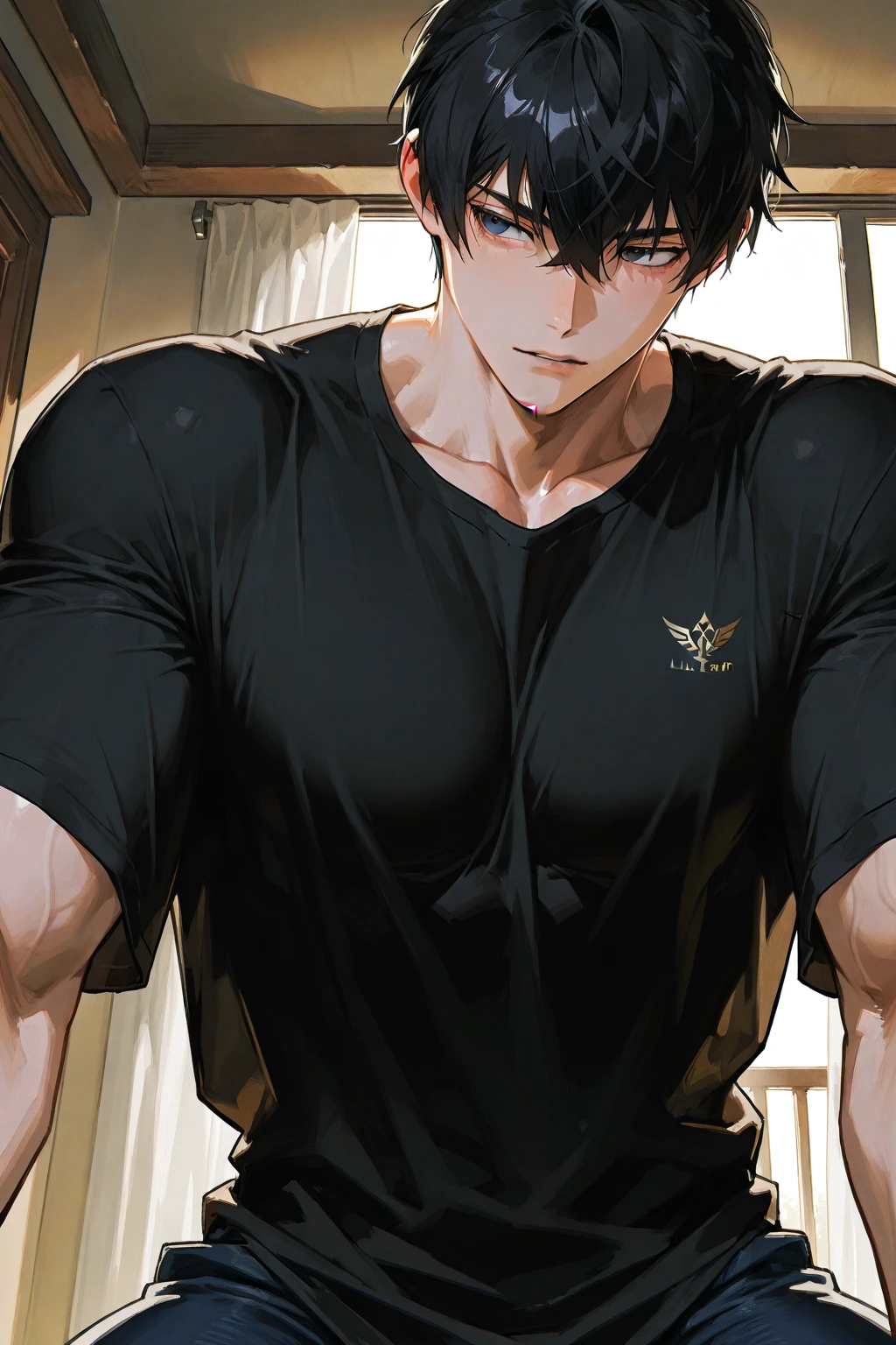 Handsome man with black hair and purple eyes, long black coat and ripped black t shirt, black cargo pants and long sleeves