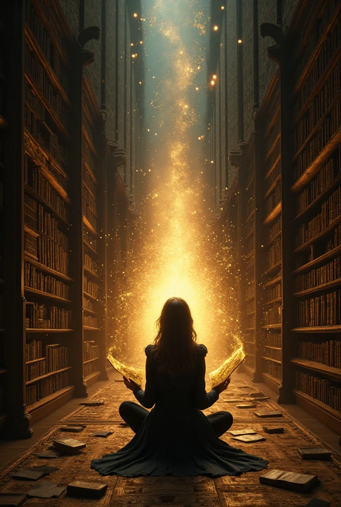 In a vast, endless library with towering shelves that stretch into the ...