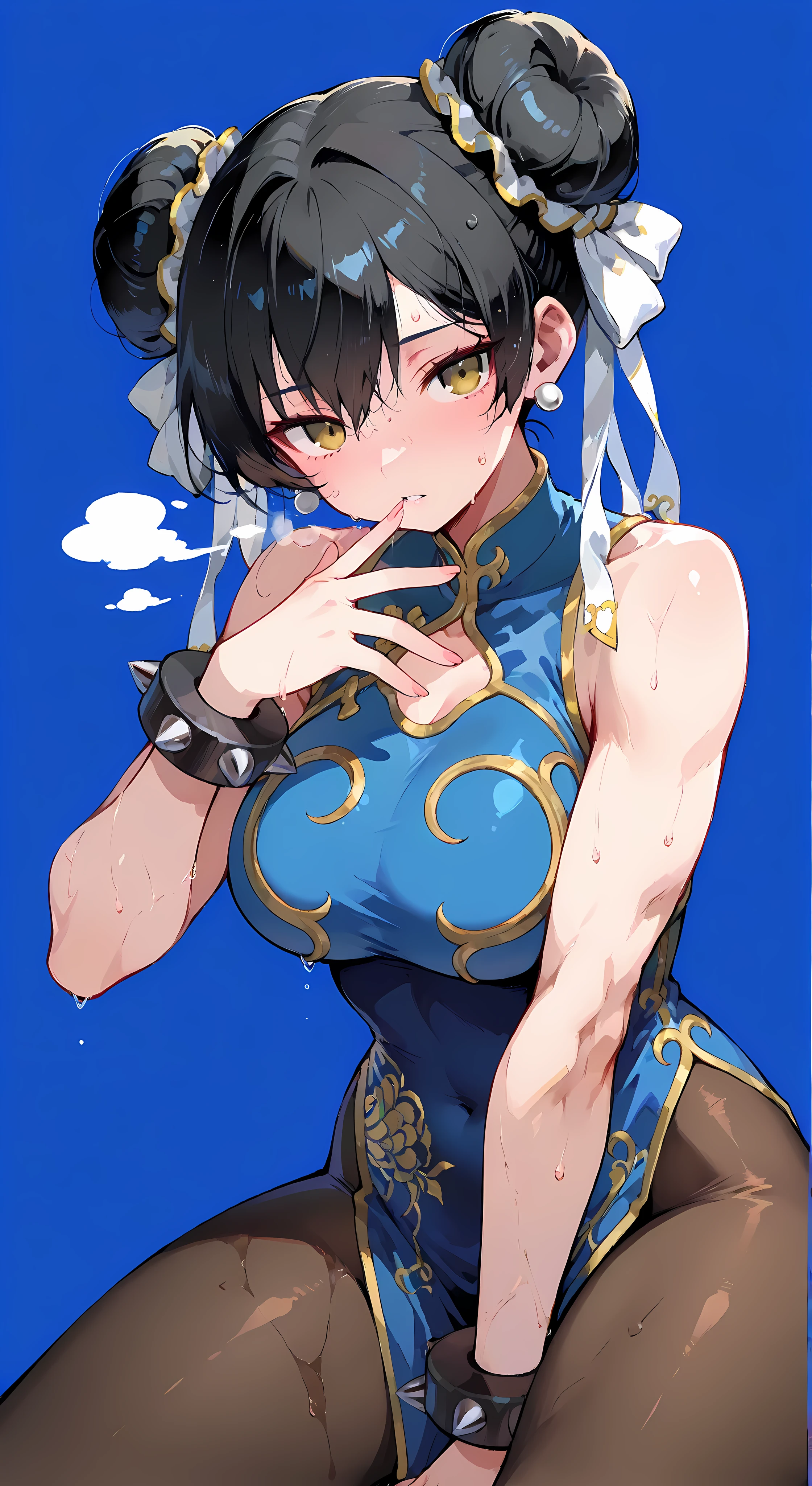 (Masterpiece, absolute quality, classic 2D anime art), (crisp cel shading, clean, defined lines), faithful character designer (Chun-li (Street Fight)). Curvy body, with shapely, muscular legs. Long black hair in two high buns on the sides of her head, secured with gold clips. She wears a blue qipao with gold embroidery and large side slits, and brown tights.

((Soft, empty blue background, no textures, details, or gradients: 1.5)), (Extreme close-up of her face). Her face is glistening with sweat. Her chest is heaving, and her lips are parted, taking a deep, shaky breath. Her eyes are half-closed, looking directly at the camera with an expression of deep, exhausted pleasure. A hand (a perfectly formed hand with elegant fingers) reaches out to brush a strand of hair from her face. The photo is intensely intimate, focusing only on the raw emotion of her expression. (Macro focus on her eyes and the beads of sweat on her skin.)