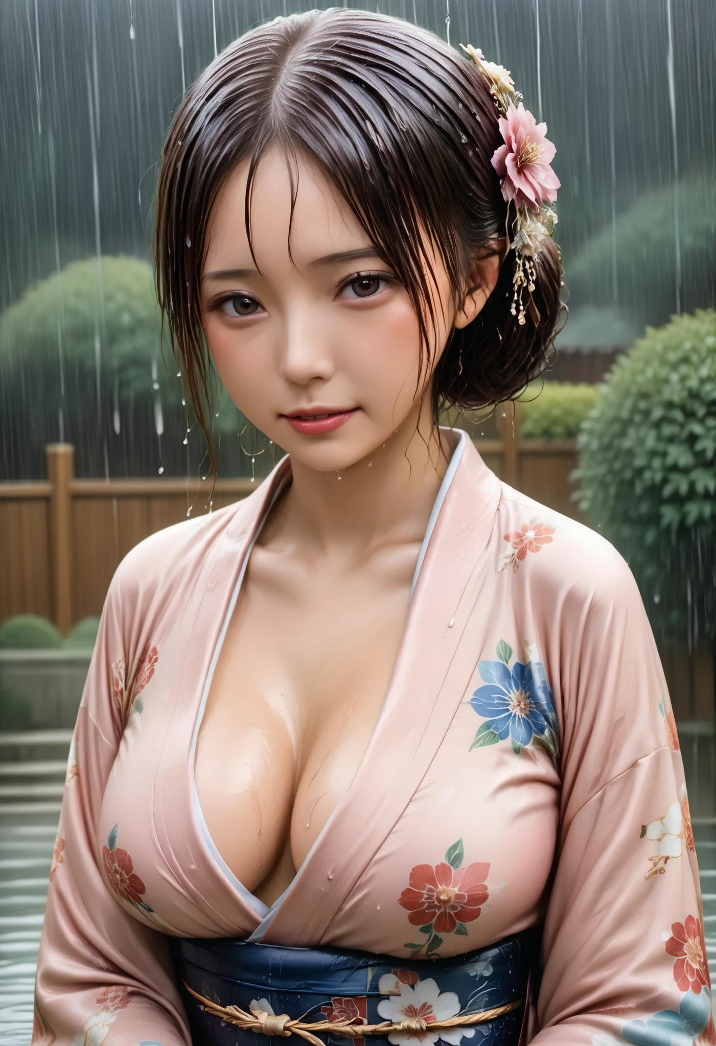 Highest Quality 、high quality 、 最High Precision、High Precision、8K quality、high image quality 、Highest Quality、 masterpiece 、immersive video、 very realistic image 、Realistic Painting、 perfect details 、 high contrast from behind 、High Fidelity、 perfect photo without blur、close to reality、 full of details Reproduced image、 Detailed and REALISTIC WEAPON 、 exquisite and realistic human skin 、 realistic face in every detail、 Realistic eyes in detail 、 drawing realistic lips down to the smallest detail 、 detailed and real teeth、Real Ears、 Realistic Hair 、((Japanese Model))、((Beautiful mature woman))、((Madame))、((Adult face))、(( black hair))、((BIG BREASTS))、((slim and perfect mature body))、(((Wet skin all over )))、((traditional Japanese garden))、((Rain clouds spreading across the sky))、((Heavy Rain Weather))、(( downpour))、((Stormy wind and rain))、(((A kimono with a clear floral pattern,sexy kimono)))、(((雨に濡れたA kimono with a clear floral patternが肌にぴったりとフィットする))、(((雨に濡れたA kimono with a clear floral patternを通して彼女のボディーラインがはっきりと見える)))、(( Raindrops on a wet kimono ))、((( dynamic sexy pose )))、((((full body depiction)))、( subject close-up ))