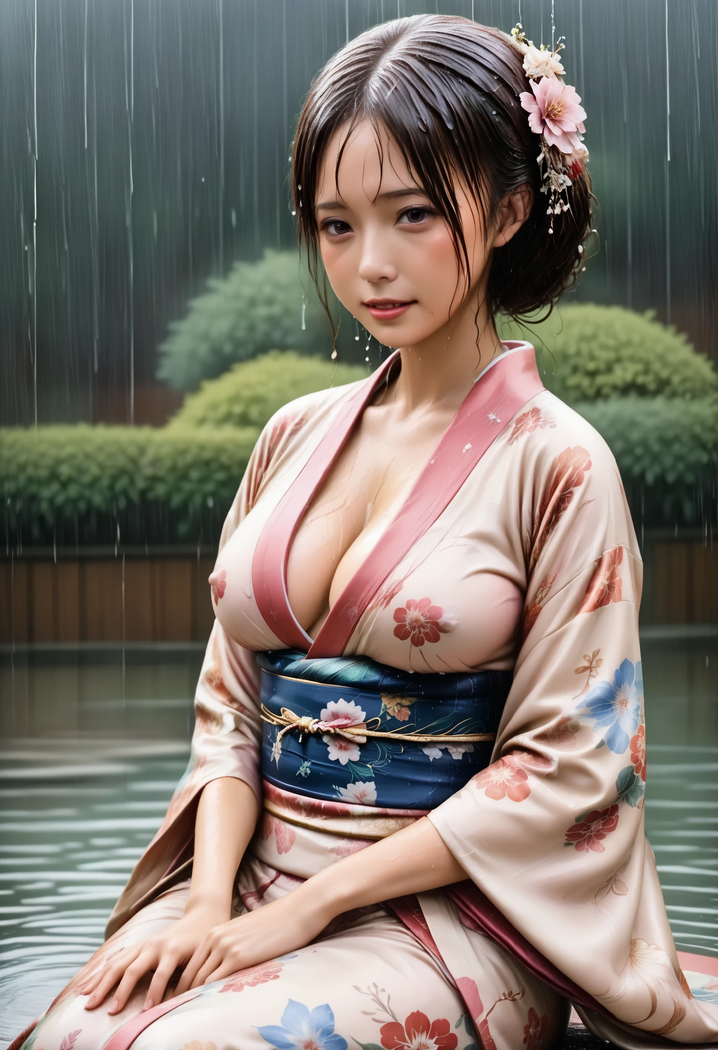 Highest Quality 、high quality 、 最High Precision、High Precision、8K quality、high image quality 、Highest Quality、 masterpiece 、immersive video、 very realistic image 、Realistic Painting、 perfect details 、 high contrast from behind 、High Fidelity、 perfect photo without blur、close to reality、 full of details Reproduced image、 Detailed and REALISTIC WEAPON 、 exquisite and realistic human skin 、 realistic face in every detail、 Realistic eyes in detail 、 drawing realistic lips down to the smallest detail 、 detailed and real teeth、Real Ears、 Realistic Hair 、((Japanese Model))、((Beautiful mature woman))、((Madame))、((Adult face))、(( black hair))、((BIG BREASTS))、((slim and perfect mature body))、(((Wet skin all over )))、((traditional Japanese garden))、((Rain clouds spreading across the sky))、((Heavy Rain Weather))、(( downpour))、((Stormy wind and rain))、(((A kimono with a clear floral pattern,sexy kimono)))、(((雨に濡れたA kimono with a clear floral patternが肌にぴったりとフィットする))、(((雨に濡れたA kimono with a clear floral patternを通して彼女のボディーラインがはっきりと見える)))、(( Raindrops on a wet kimono ))、((( dynamic sexy pose )))、((((full body depiction)))、( subject close-up ))