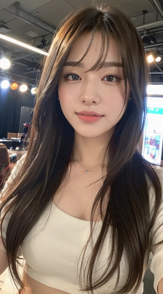 ( photorealistic from thigh to toe、Masseter region、Best Quality、 high resolution on down、 RAW photos up close)、（full body, There is no fabric, glamorous body）Realistic、 bright lights in front of the temple、 face light、 smooth professional lighting、 cute girl、Beautiful woman、Modeling、gravure、 natural makeup、 so beautiful、Realistic and beautiful skin、Plum Thighs, Beautifully detailed、  detail face 、big 、 clevis、 wavy hair in front of the station、bangs, Brown Hair、 Brown Eyes ,  Sexy Faces,  looking at the camera、Take a photo,  Seductive Poses,  cowboy shot,   widen the angle from below ,  real faces using AI technology ++, I want a kiss+++