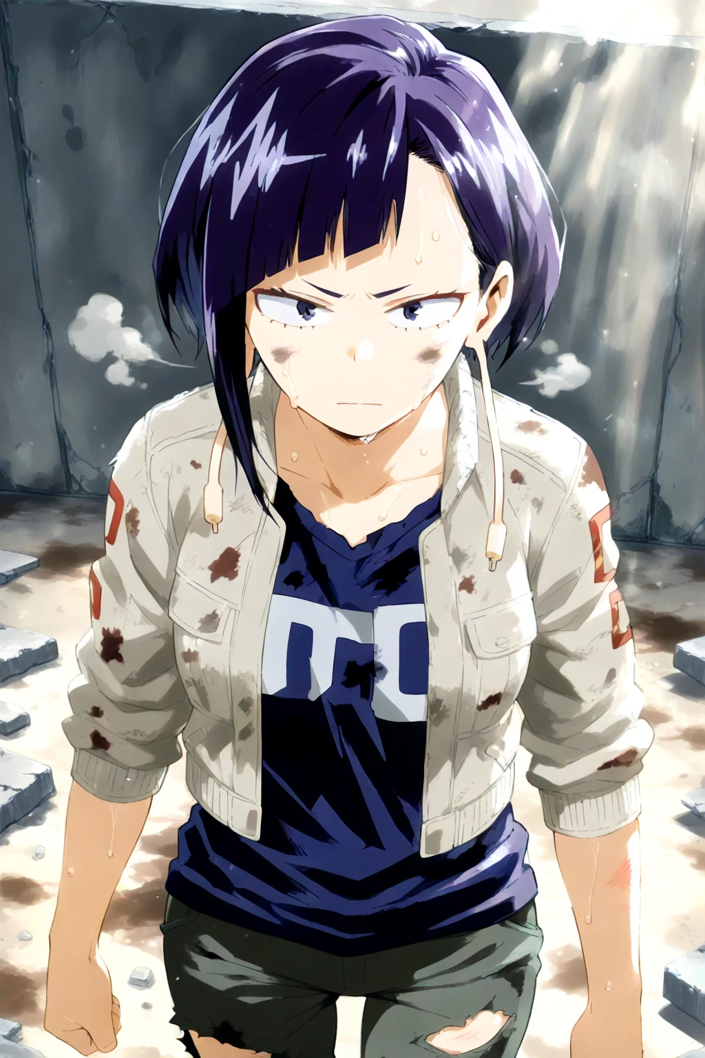 (masterpiece, 4K, Highest quality, anime style: 1.9, Detailed face, Lovely, Bold, High resolution, anime,  Curvaceous, Thighs,, (blush).Very slim belly, Cowboy Shot, (((One girl))),NARUTOanime風, Tenten,(((Sweaty))),Pink Chinese dress,Dark green trousers,(Accurate limbs),Beautiful ,Open the chest buttons of your clothes