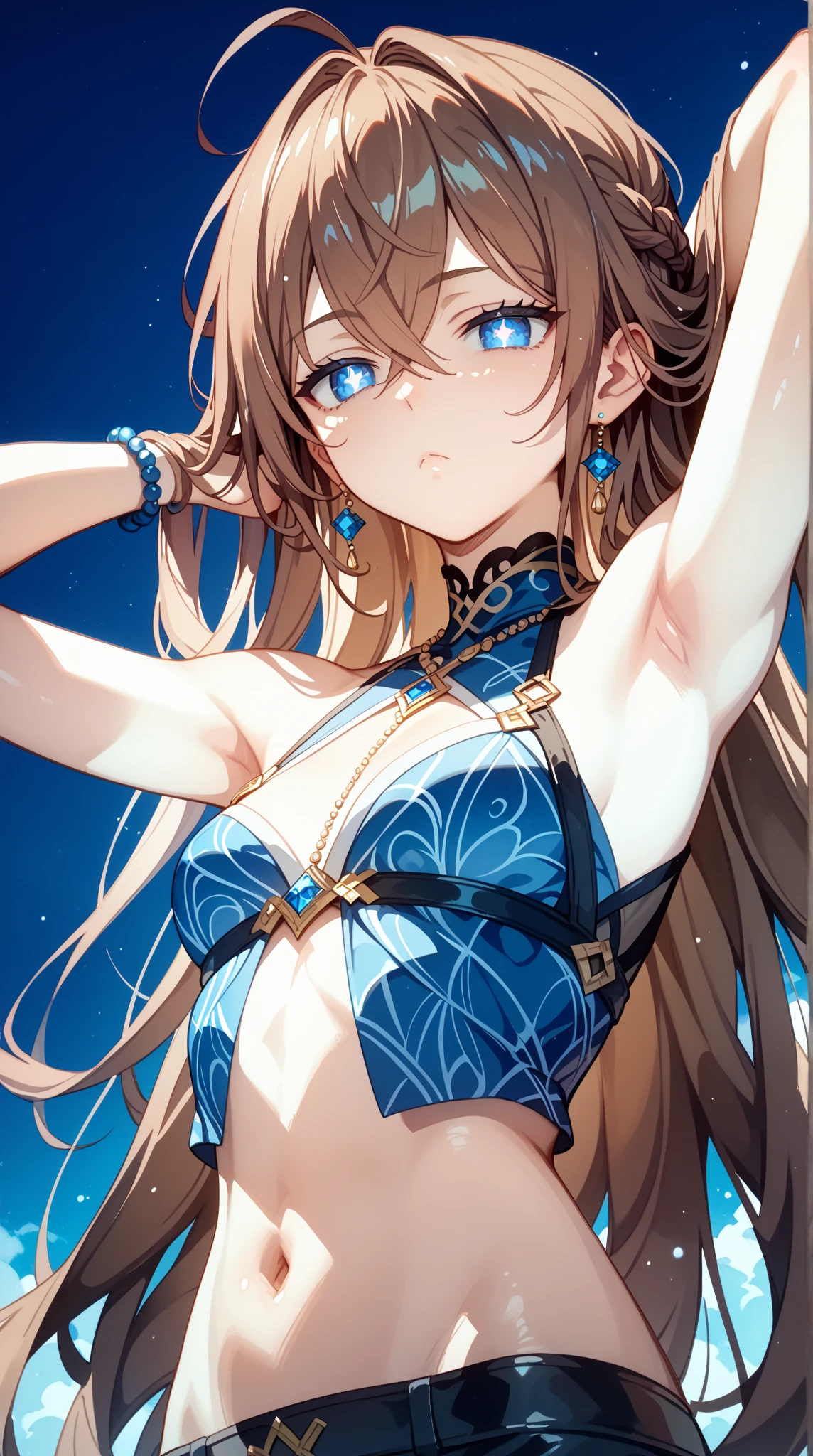 Dancing girl，(Best picture quality，tmasterpiece，ultra - detailed，Aesthetically pleasing：1.2)，，,A high resolution，exhibitionists，legs are open，inner thigh，（tmasterpiece：1.4），ultra - detailed，1girll，the space，afloat，nedium ，，pale brown hair，Golden eyes，Hand out of the box，