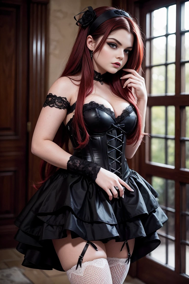 Masterpiece, detailed art, a beautiful vampire with long red wavy hair, green eyes, freckles, white face, ?????????????, childish waist, wearing an elegant gothic outfit typical of an ancient vampire, adult vampire woman, hungry look, sinister night , dutch angle