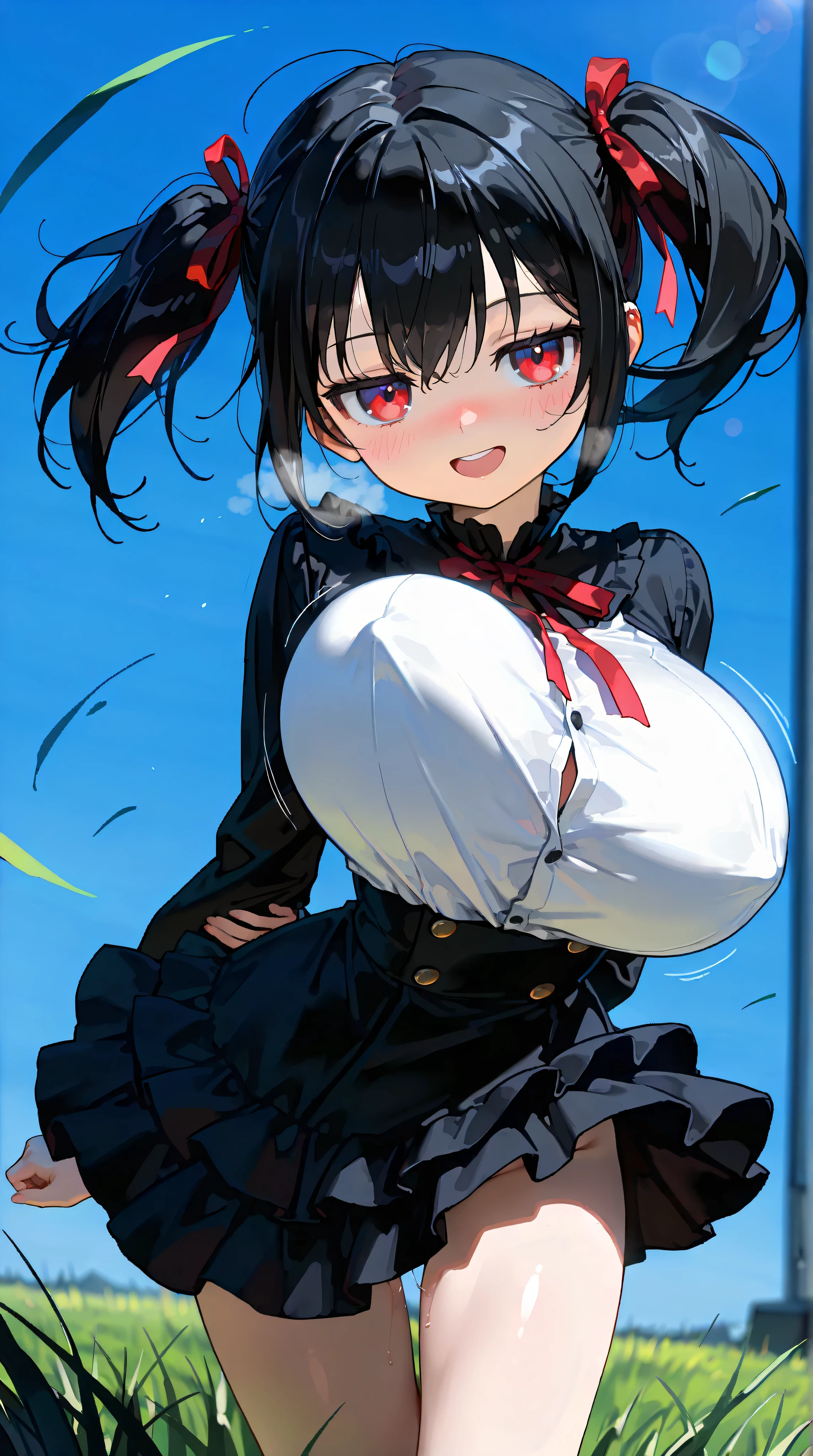 score_9, score_8_up,source_anime, high res image,masterpiece,best quality,girl,cute face,clear skin,shiny hair,ultra detailed eyes, depth of field, advanced light effect, Cinematic Lighting, longlegs_v0.22_pony, grass field, blue sky, blowing wind, solo, a skinny girl standing, (little loli), looking at viewer, jitome, smile, arched back, arms behind back, (bouncing unaligned breasts), black hair, long twintails with red ribbon, short back hair, sidelocks, red eyes, anime style, (too short torso), too narrow waist, too short waist, skinny arms, very skinny legs, (coverd erectile nipples), (huge breasts), pointy breasts, (frilled black very short dress), black multiple layered dress, frilled black long sleeves, (black too short skirt:1.1), multiple layered skirt, black large frills, (slipping hip), (slipping groin), thigh gap, heavy breathing, open mouth, nose blush, orgasm, pussy juice dripping down between thighs,