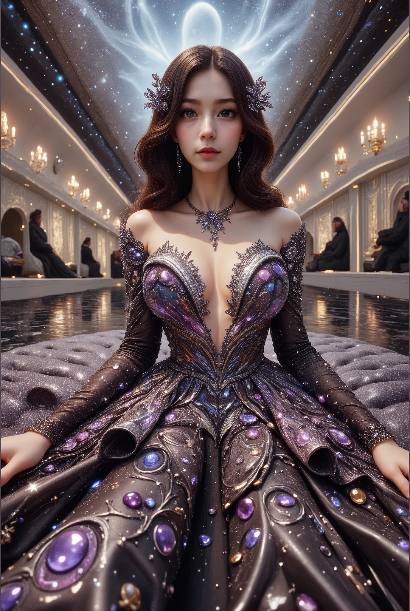 A high-resolution, detailed 3D rendering style. A young woman with big bobs, adorned in a lavish gown, strapless dress, is seated against the backdrop of an elegant, tufted sofa. Her gown is striking, with a shimmering bodice adorned with silver trim leading to a voluminous skirt. The skirt features a stunning celestial design, reminiscent of the night sky, peppered with luminous stars and swirling patterns of light—a palette dominated by deep blue hues and warm golden yellow accents. Her hair is elegantly styled and she wears a shimmering tiara, completing her regal look. The atmosphere is one of fantasy and enchantment, enhanced by the ornate decorations surrounding her and the light silhouette of the cosmic sky overhead. Rich in texture and vibrant color, the scene presents a blend of fashion ingenuity and artistic flair, enveloping the viewer in a dreamlike atmosphere. masterpiece,high r,8k,ultra-detailed,photorealistic