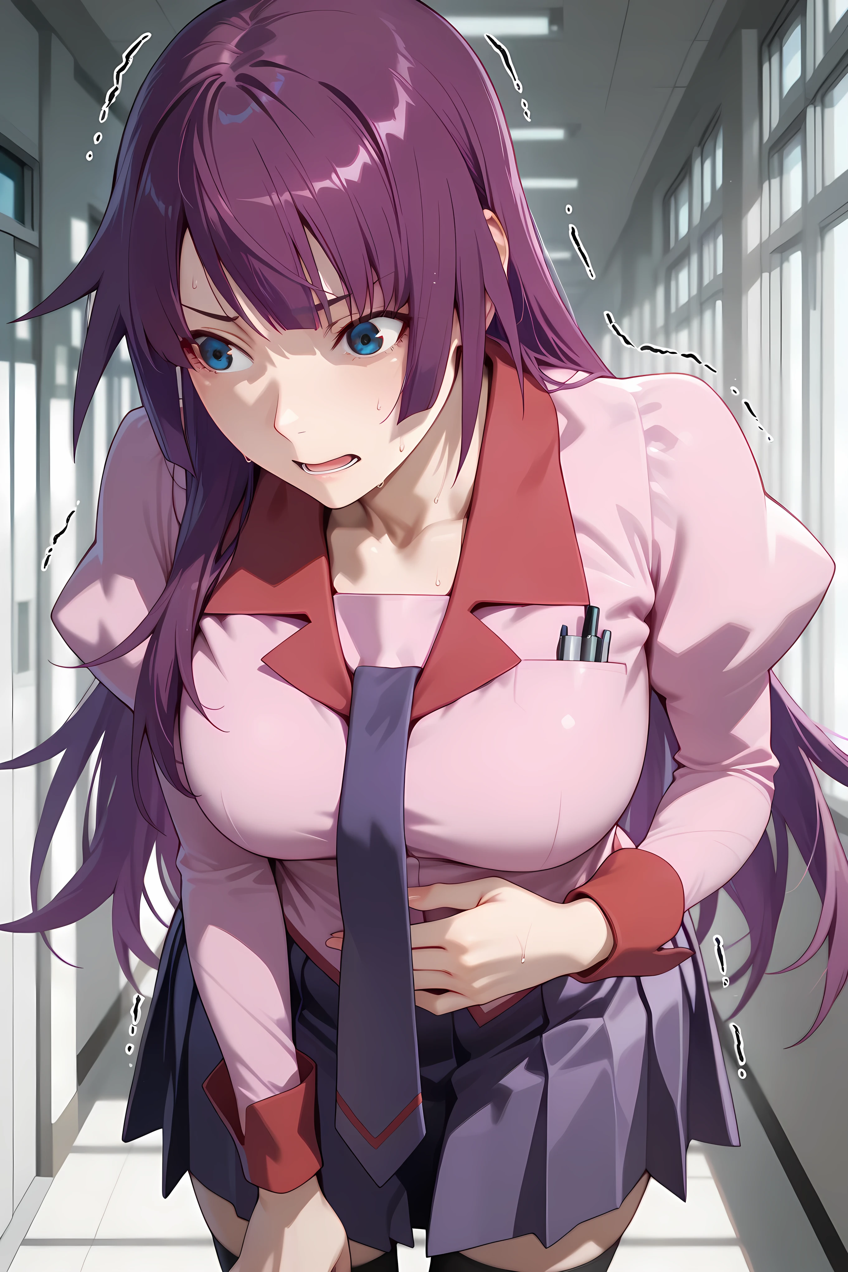 hitagi senjougahara, long hair, hime cut, purple hair, blue eyes, long sleeves, puffy sleeves, pink shirt, untucked shirt, breast pocket, purple tie, purple skirt, pleated skirt, black thighhighs, half body shot,
Solo, General, masterpiece, highres, ultra-detailed, hyper-detailed, best quality, amazing quality, very aesthetic, best hands, best eyes, best hand
adult woman, 1girl, hand on own stomach, sweat, leaning forward, nervous, scared, trembling legs, school hallway