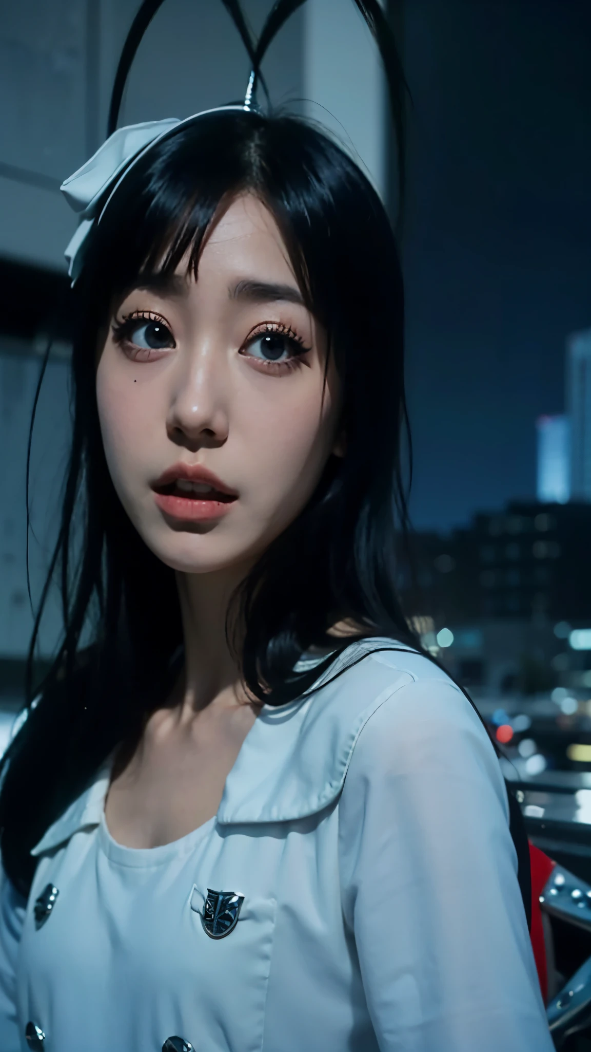 Half-body portrait of Giselle Gewelle from the anime Bleach, realistic and ultra-detailed. She has long dark hair, pale skin, and a mischievous yet eerie expression. Her eyes are sharp and captivating, with a faintly sinister charm. She is wearing her Sternritter uniform with precise detailing, fabric texture and folds rendered realistically. Background shows a realistic modern city with tall buildings and streets in the distance, adding depth and atmosphere. Lighting emphasizes depth and lifelike skin tones, with cinematic shading and high realism. Ultra-detailed textures in hair, clothing, and facial features, hyper-realistic anime style