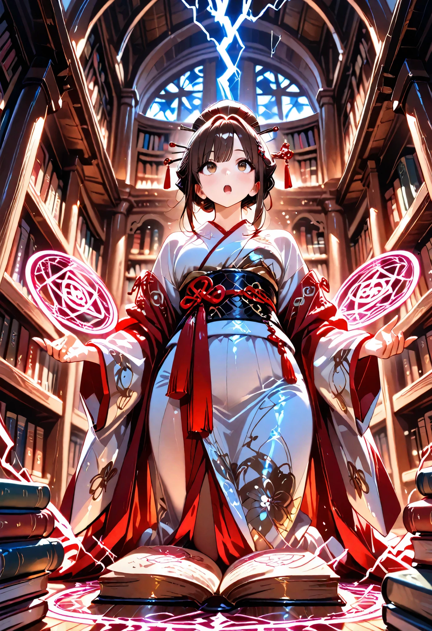 high quality, Ultra Hi-Res, masterpiece, Super Detailed,8k, fine-grained, (Dim European Library, bookshelves with books lined up to the ceiling), young woman with her hands crotched, Reincarnated, Edo period princess, Edo Period Hairstyle, glittering hairpins, Beautiful character design, perfect contrast with open panel, pretty face, beautiful and delicate eyes, expressive eyes, brown eyes, Look away, looking around , surprised expression above my head, Luxurious kimono in bright colors, A big magic circle that shines red, lightning, Dynamic Angle, (from below)