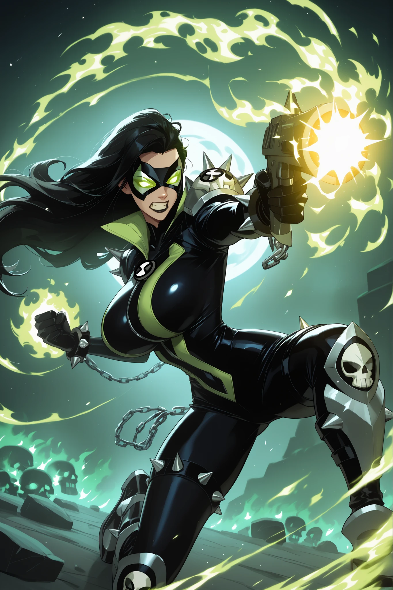 masterpiece, 1girl, solo, good quality, best quality, very awa, very as2, absurdres, highres
sespwn, long hair, mask, green eyes, black hair,no pupils, leather jacket, bodysuit, black bodysuit, high collar, gloves, spikes, chain, skull pauldrons, thigh strap, spiked bracelet, greaves, boots, breasts, huge breasts, green cape,
magic, green fire, teeth, aiming, firing,ben10, PonyXLV6_Scores