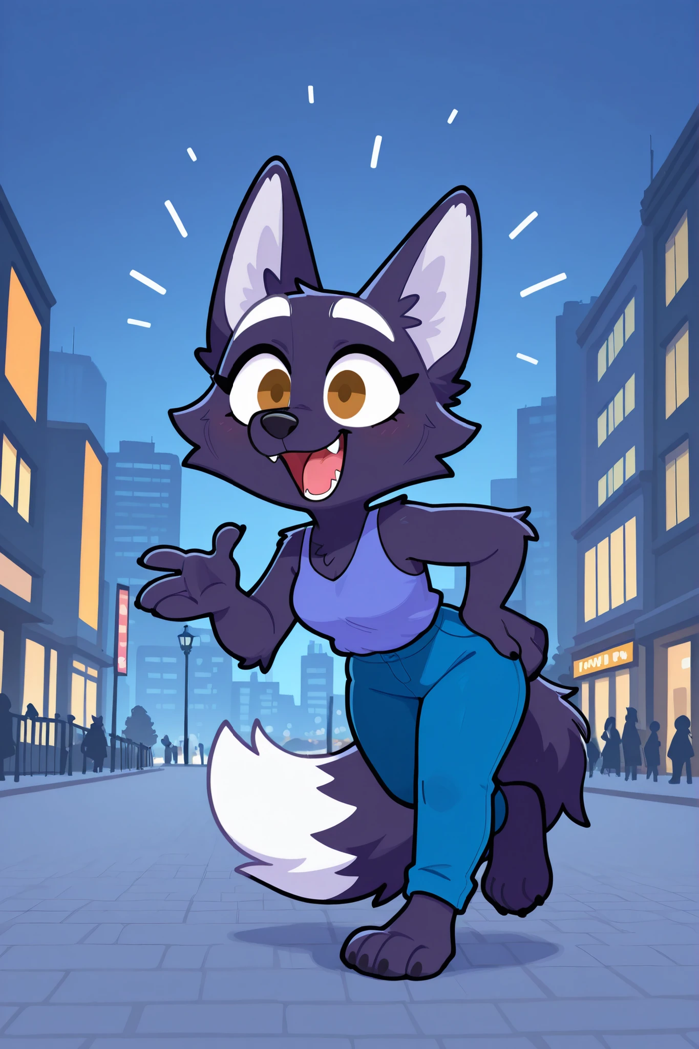 an indigo wolf walking in the park at morning wearing a blue hoode and blue pants, city background, happy expression, white eyebrows.