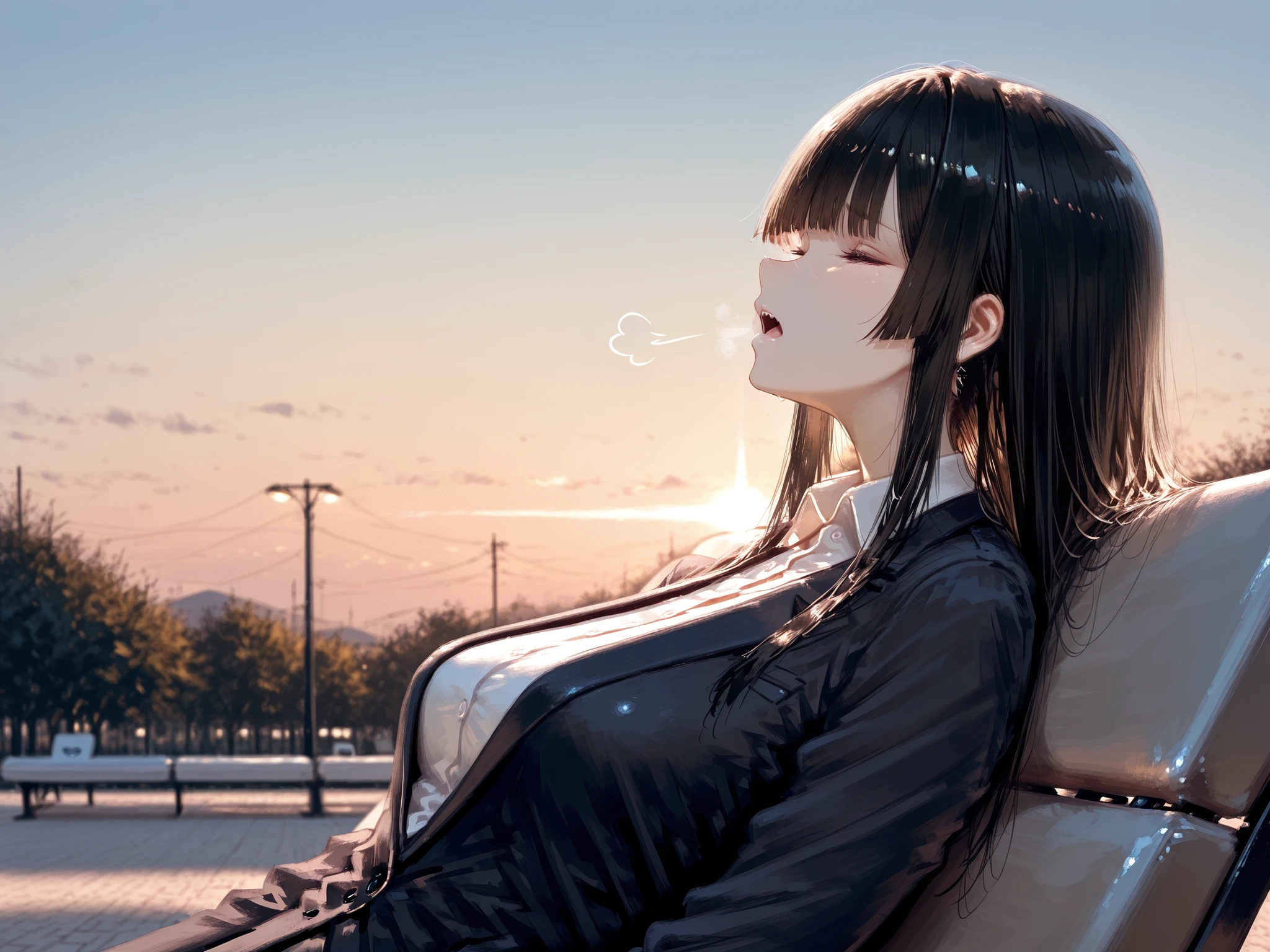 perfect face, focus girl, ((focus face)), solo, (masterpiece, detailed:1.2), highest quality, Ultra High Quality, k, Beautiful and delicate anthropomorphic girl, Incredibly detailed and intricate, Hime cut, close eyes, open mouth, cute face, eye lasher, thin, 20 yo, medium breast, Long pointy sideburns, sigh, corporate slave, suit, sigh effects,
BREAK,
upper body, sharp focus, beautiful background, depth of field, sad atmosphere background, beautiful natural lighting, perspective, (detailed lighting), rim lighting, ((sharp focus)), solo, residential area Park, sitting on a bench, ((leaning back)), looking up at the sky, panorama, beautiful sky, 22:00, mid night, ((side view)),