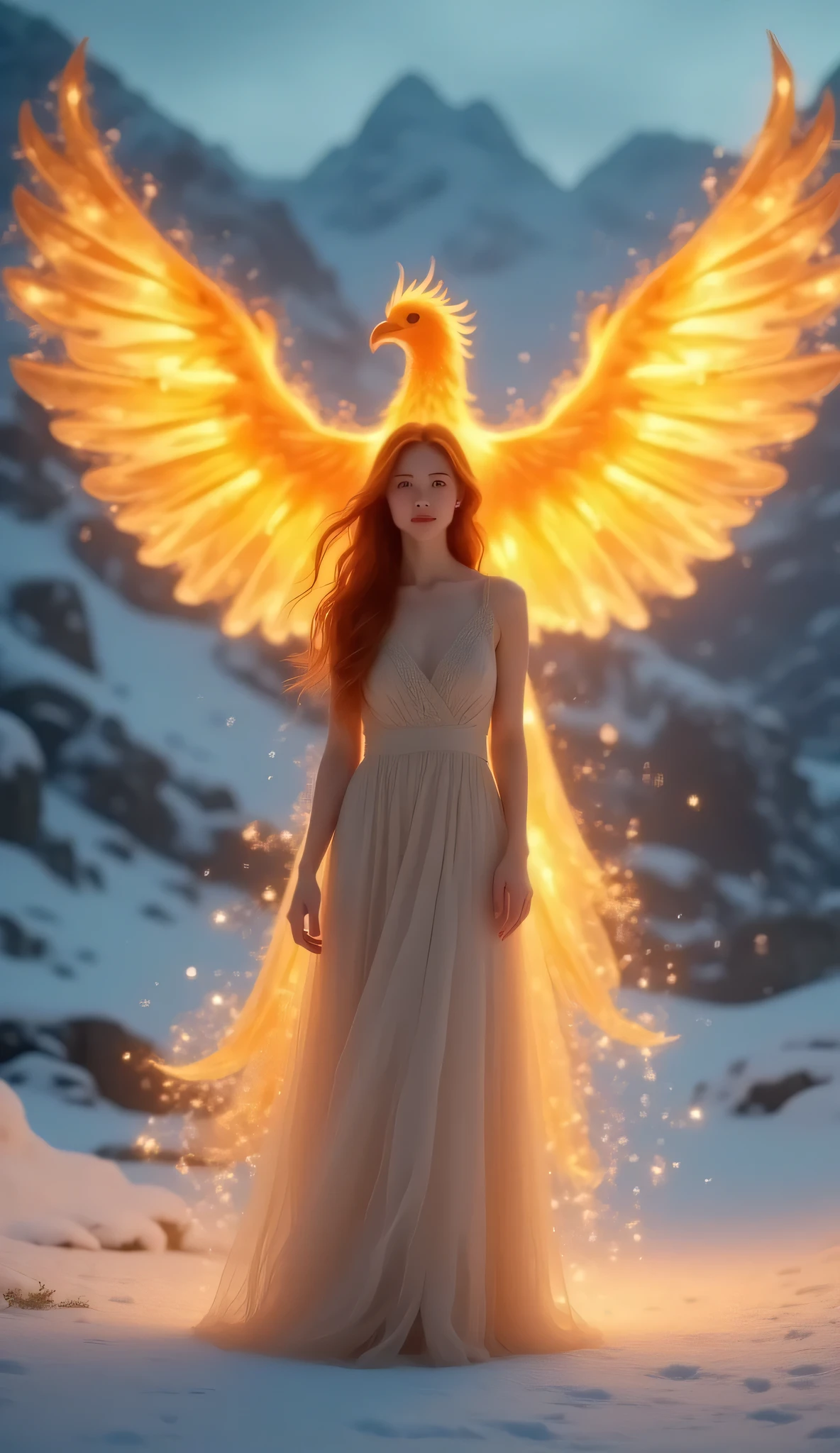 SHOT:  • Composition: Vertical frame, medium-wide shot, subject centered with phoenix wings spreading out symmetrically  • Camera Settings: ISO 400, f/2.8, 85 mm lens, full-frame sensor  • Film Grain: Soft digital image, slight glow  LENS EFFECTS:  • Optics: Sharp focus on woman and phoenix, subtle halo effect around phoenix feathers  • Artifacts: None  • Depth of Field: Shallow depth, crisp focus on subject and phoenix, blurred background mountains  SUBJECT:  • Description: Pale-skinned young woman with long flowing auburn hair, calm expression, standing elegantly  • Wardrobe: Flowing light beige gown with layered sheer fabric, long-fashioned style  • Grooming: Smooth skin, natural makeup, hair flowing in light breeze  SCENE:  • Location: Snow-covered rocky mountainous terrain  • Time of Day: Twilight or early evening, soft ambient light  • Environment: Winter setting with snow on ground and distant peaks, glowing fiery phoenix with bright golden-orange feathers  VISUAL DETAILS:  • Action: Woman standing still, phoenix rising behind with wings spread wide  • Props: None  • Physics: Ethereal glowing light and spark particles around phoenix and woman, gentle wind moving hair and gown  CINEMATOGRAPHY:  • Lighting: Warm golden light emanating from phoenix illuminating woman and snow  • Tone: Mystical, serene, and enchanting atmosphere  • Color Palette: Cool blues and whites of snow contrasted with vivid warm oranges and yellows of phoenix  TEXT ELEMENTS:  • Visible Text: none  • Typography: none  • Placement: none  STYLE:  • Visual Aesthetic: Fantasy realism, detailed textures, painterly glow effects, high contrast between warm and cool tones