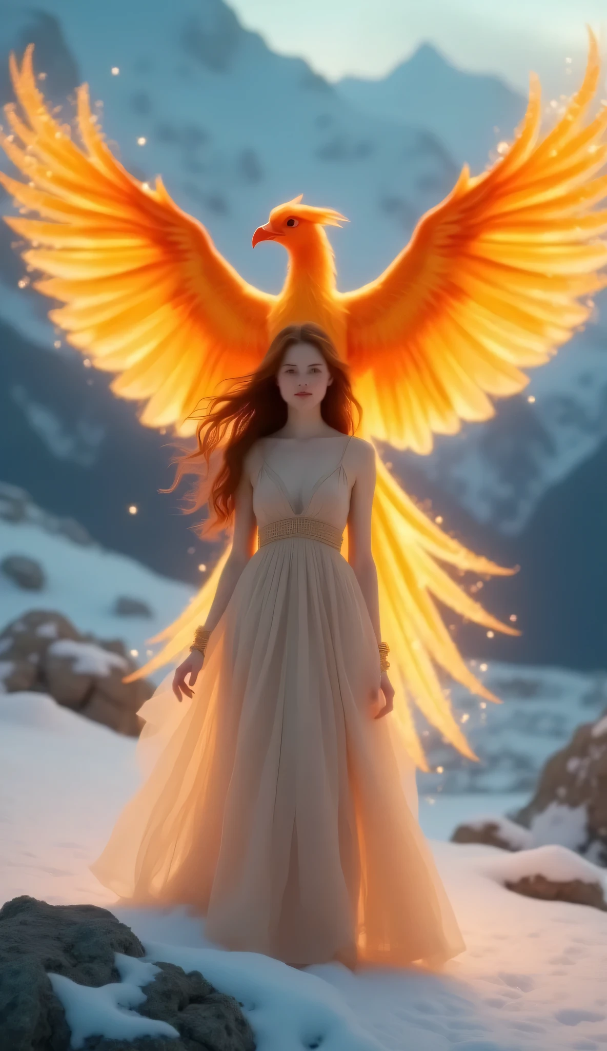 SHOT:  • Composition: Vertical frame, medium-wide shot, subject centered with phoenix wings spreading out symmetrically  • Camera Settings: ISO 400, f/2.8, 85 mm lens, full-frame sensor  • Film Grain: Soft digital image, slight glow  LENS EFFECTS:  • Optics: Sharp focus on woman and phoenix, subtle halo effect around phoenix feathers  • Artifacts: None  • Depth of Field: Shallow depth, crisp focus on subject and phoenix, blurred background mountains  SUBJECT:  • Description: Pale-skinned young woman with long flowing auburn hair, calm expression, standing elegantly  • Wardrobe: Flowing light beige gown with layered sheer fabric, long-fashioned style  • Grooming: Smooth skin, natural makeup, hair flowing in light breeze  SCENE:  • Location: Snow-covered rocky mountainous terrain  • Time of Day: Twilight or early evening, soft ambient light  • Environment: Winter setting with snow on ground and distant peaks, glowing fiery phoenix with bright golden-orange feathers  VISUAL DETAILS:  • Action: Woman standing still, phoenix rising behind with wings spread wide  • Props: None  • Physics: Ethereal glowing light and spark particles around phoenix and woman, gentle wind moving hair and gown  CINEMATOGRAPHY:  • Lighting: Warm golden light emanating from phoenix illuminating woman and snow  • Tone: Mystical, serene, and enchanting atmosphere  • Color Palette: Cool blues and whites of snow contrasted with vivid warm oranges and yellows of phoenix  TEXT ELEMENTS:  • Visible Text: none  • Typography: none  • Placement: none  STYLE:  • Visual Aesthetic: Fantasy realism, detailed textures, painterly glow effects, high contrast between warm and cool tones
