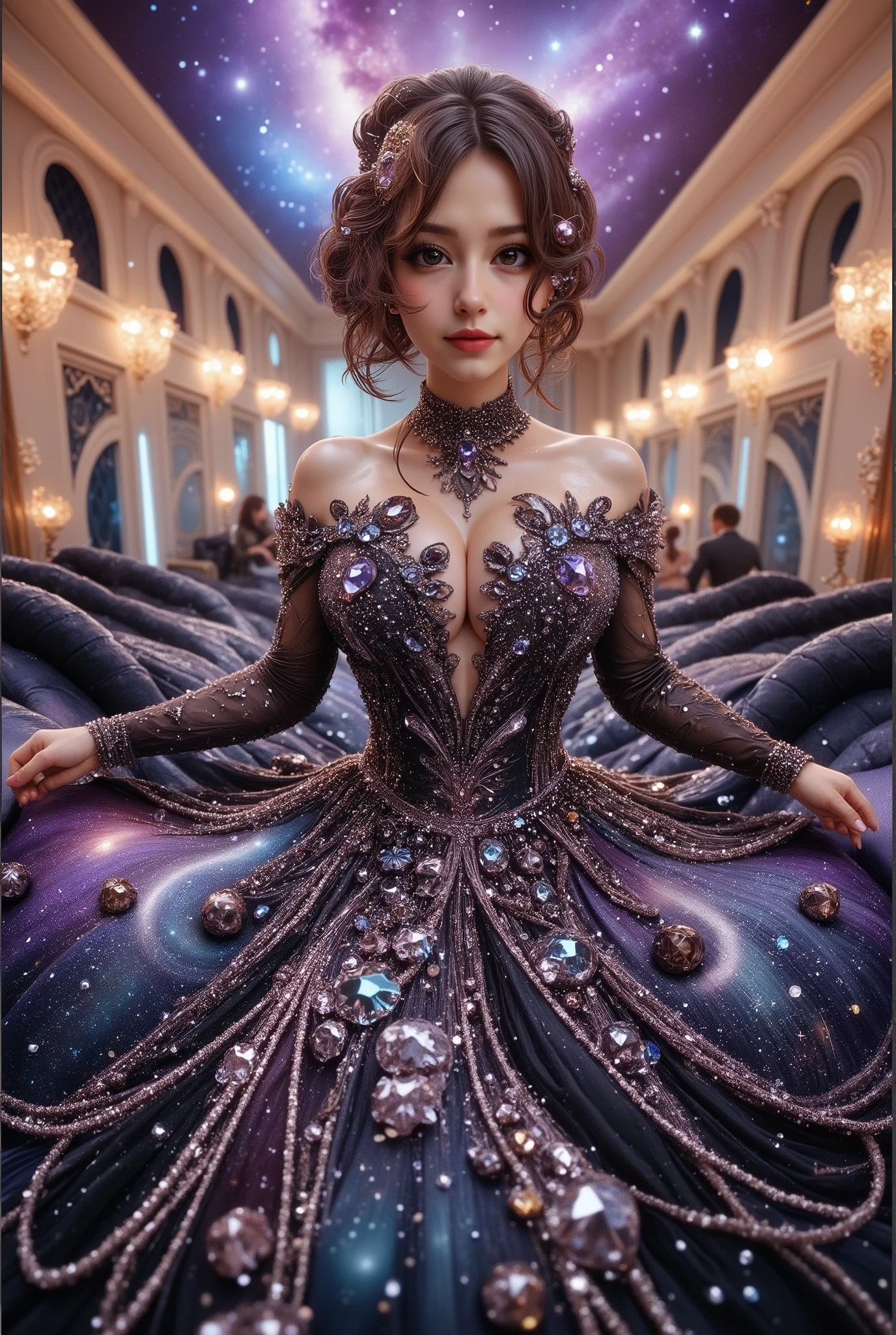 A high-resolution, detailed 3D rendering style. A young woman with big bobs, adorned in a lavish gown, strapless dress, is seated against the backdrop of an elegant, tufted sofa. Her gown is striking, with a shimmering bodice adorned with silver trim leading to a voluminous skirt. The skirt features a stunning celestial design, reminiscent of the night sky, peppered with luminous stars and swirling patterns of light—a palette dominated by deep blue hues and warm golden yellow accents. Her hair is elegantly styled and she wears a shimmering tiara, completing her regal look. The atmosphere is one of fantasy and enchantment, enhanced by the ornate decorations surrounding her and the light silhouette of the cosmic sky overhead. Rich in texture and vibrant color, the scene presents a blend of fashion ingenuity and artistic flair, enveloping the viewer in a dreamlike atmosphere. masterpiece,high r,8k,ultra-detailed,photorealistic