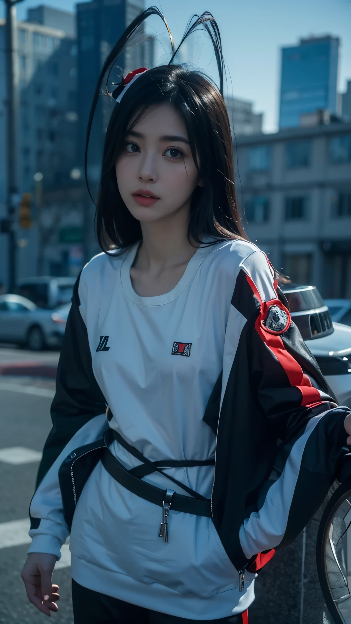 Half-body portrait of Giselle Gewelle from the anime Bleach, realistic and ultra-detailed. She has long dark hair, pale skin, and a mischievous yet eerie expression. Her eyes are sharp and captivating, with a faintly sinister charm. She is wearing her Sternritter uniform with precise detailing, fabric texture and folds rendered realistically. Background shows a realistic modern city with tall buildings and streets in the distance, adding depth and atmosphere. Lighting emphasizes depth and lifelike skin tones, with cinematic shading and high realism. Ultra-detailed textures in hair, clothing, and facial features, hyper-realistic anime style