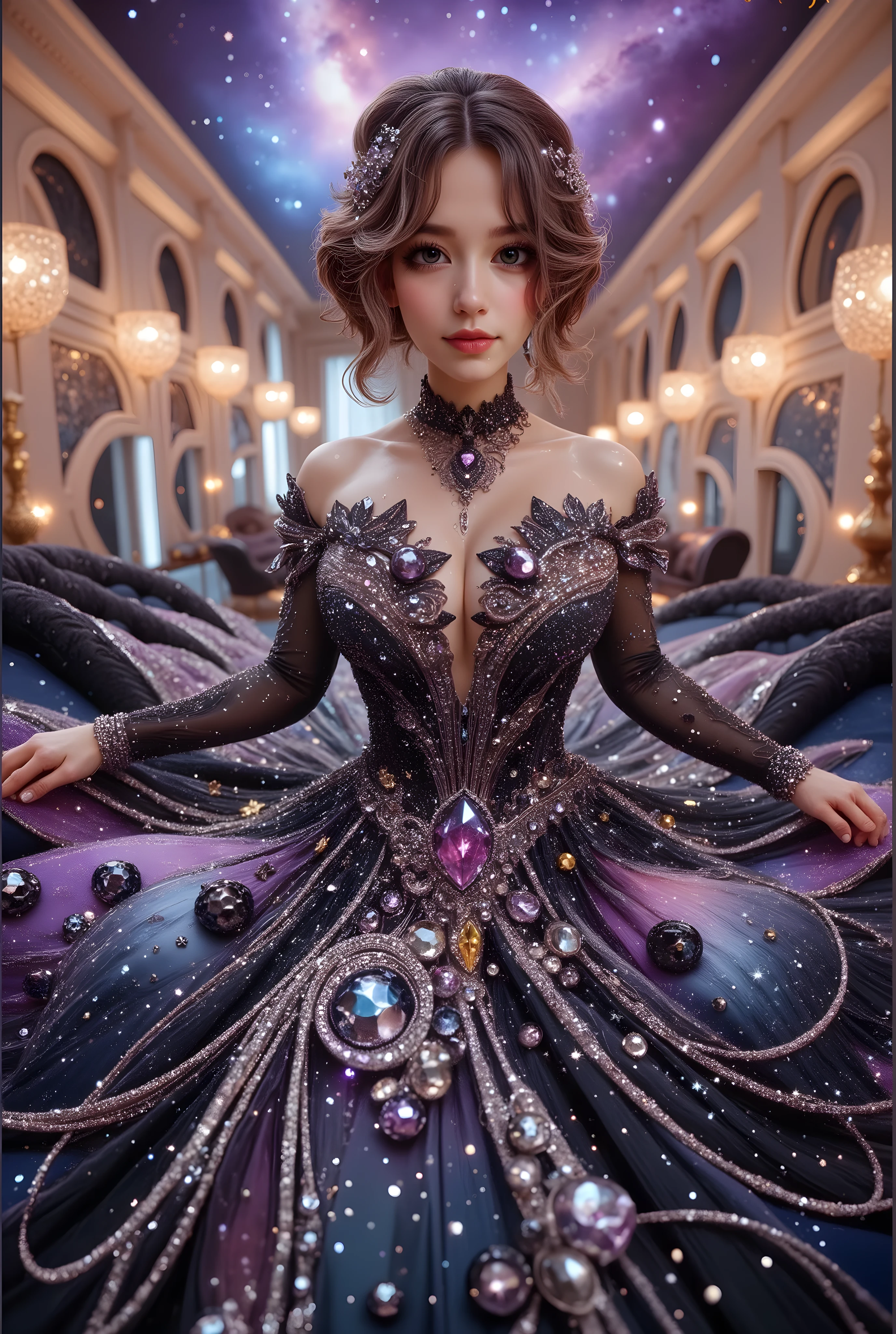 A high-resolution, detailed 3D rendering style. A young woman with big bobs, adorned in a lavish gown, strapless dress, is seated against the backdrop of an elegant, tufted sofa. Her gown is striking, with a shimmering bodice adorned with silver trim leading to a voluminous skirt. The skirt features a stunning celestial design, reminiscent of the night sky, peppered with luminous stars and swirling patterns of light—a palette dominated by deep blue hues and warm golden yellow accents. Her hair is elegantly styled and she wears a shimmering tiara, completing her regal look. The atmosphere is one of fantasy and enchantment, enhanced by the ornate decorations surrounding her and the light silhouette of the cosmic sky overhead. Rich in texture and vibrant color, the scene presents a blend of fashion ingenuity and artistic flair, enveloping the viewer in a dreamlike atmosphere. masterpiece,high r,8k,ultra-detailed,photorealistic