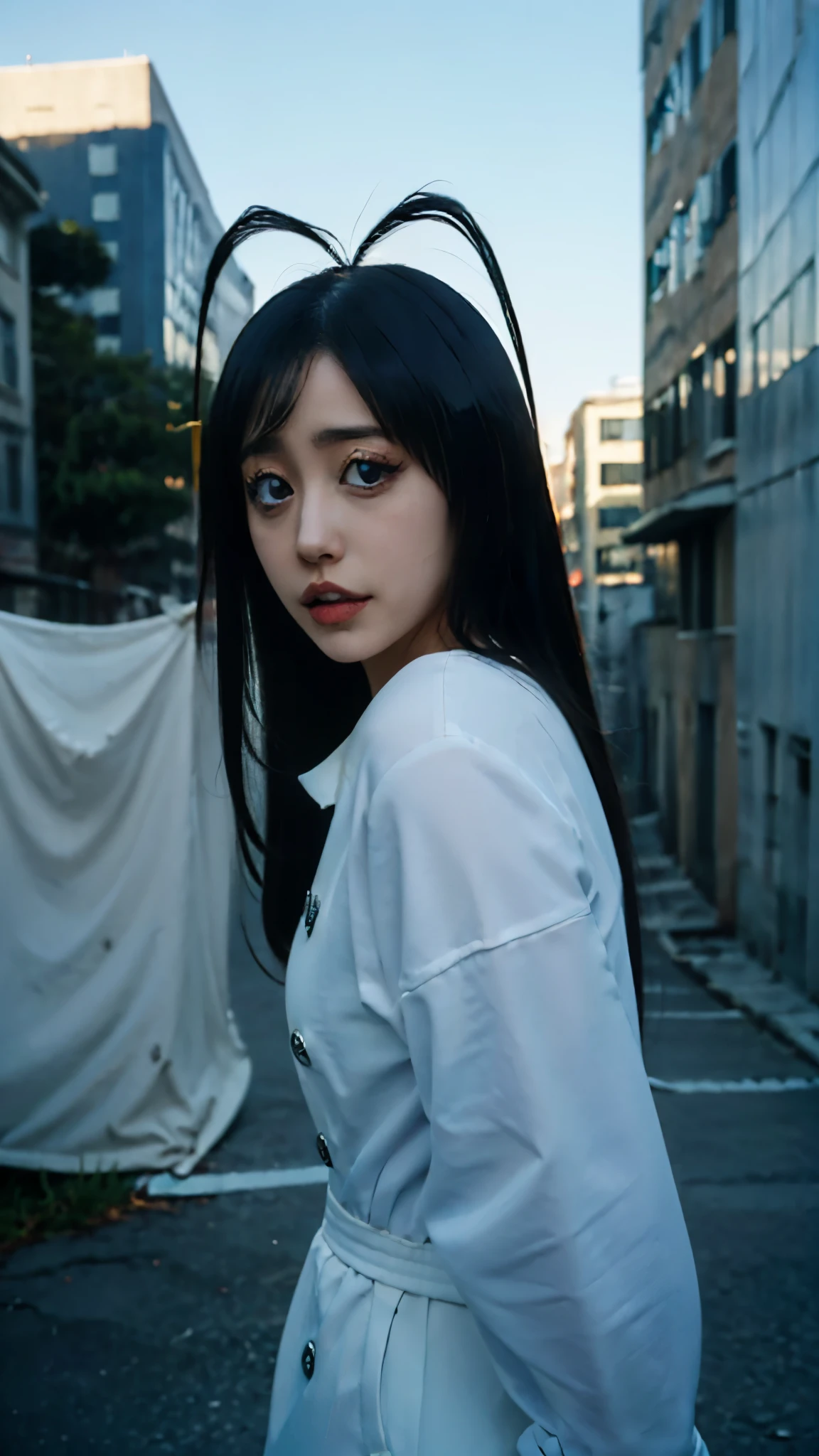 Half-body portrait of Giselle Gewelle from the anime Bleach, realistic and ultra-detailed. She has long dark hair, pale skin, and a mischievous yet eerie expression. Her eyes are sharp and captivating, with a faintly sinister charm. She is wearing her Sternritter uniform with precise detailing, fabric texture and folds rendered realistically. Background shows a realistic modern city with tall buildings and streets in the distance, adding depth and atmosphere. Lighting emphasizes depth and lifelike skin tones, with cinematic shading and high realism. Ultra-detailed textures in hair, clothing, and facial features, hyper-realistic anime style