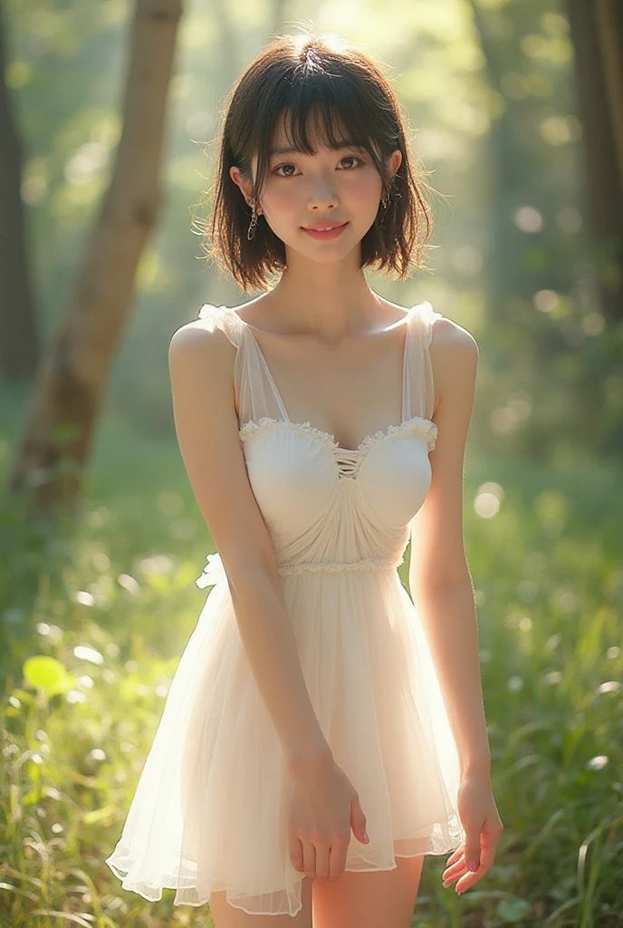 Best quality, masterpiece, ultra high res, (photorealistic:1.4), raw photo, 1girl, white  shoulder, blossom flower field, glowing skin, light smile