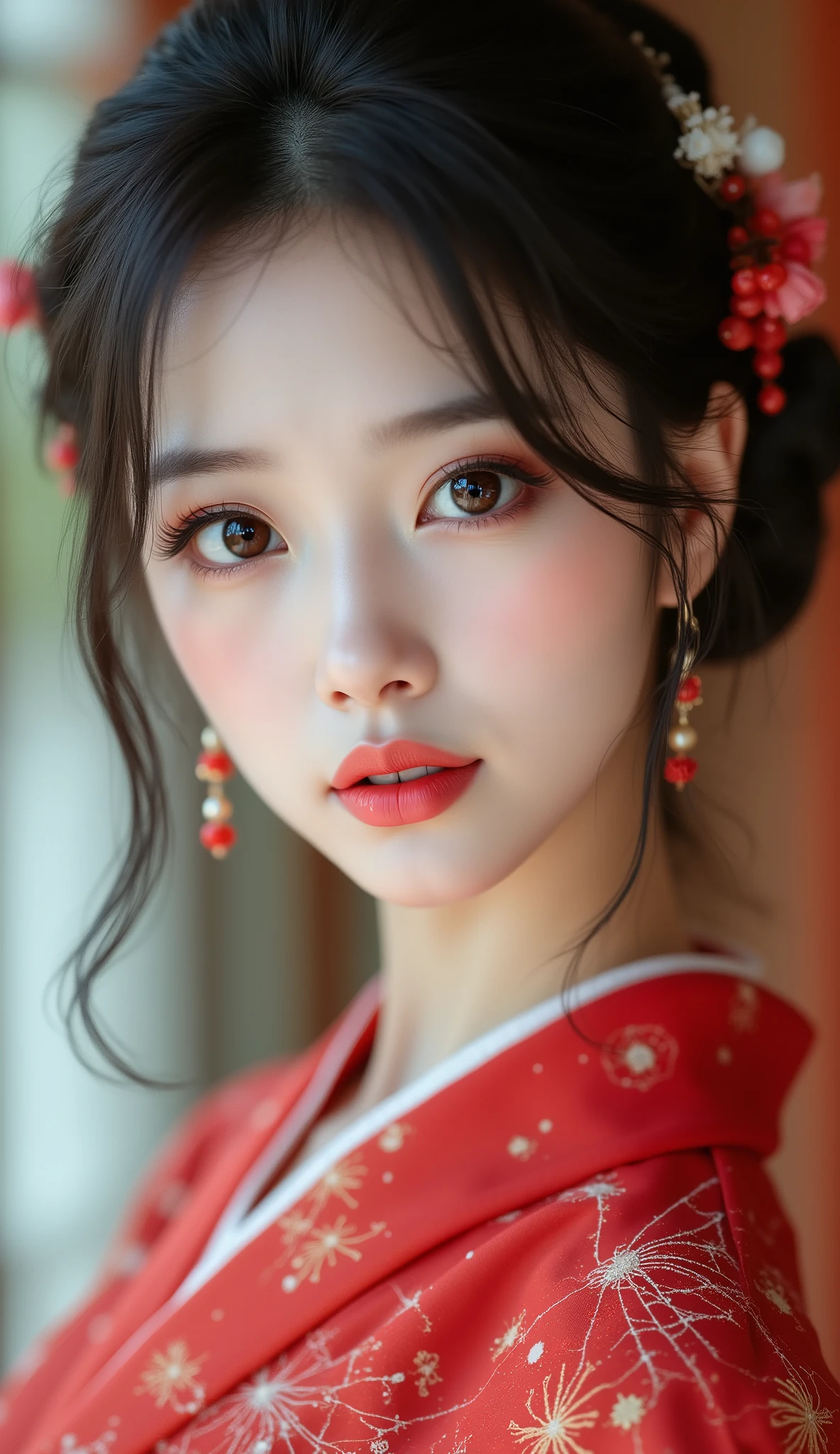 Portrait of a Japanese princess, a fairy-tale image, fantastic backgrounds, a magical fairy-tale atmosphere, [vivid and colorful cashmere fabric, delicately embroidered with red spiderweb], Ultra-realistic (photorealistic Realism), (ultra realistic texture details: velvety skin, hair), dark hair (short hair)(slicked to one side:1.22), Intricately detailed:1.3), (Key Directive: - "The priority is the anatomical accuracy and texture of the materials" - "Ultra-sharp human eyes with biological accuracy") Eyes: "(acid-resistant terminology) (macro-details:1 . 55): * Moist corneal surface (visible aqueous layer:1 . 2) * Hyper-detailed iris stroma ((brown) with gold flecks) * Precise limbal ring (slightly darker pigmentation:1 . 2) * Pupil micro-texture (irregular edge authenticity:0 . 9) * Vasculature in sclera (subtle red veins radiating from limbus)" - "Lashes: blue individual synthetic fibers (crosshatched roots:1 . 2 , clump-free separation)" Technical Specs: (Optics: - "Zeiss Otus85mm f/1 . 4 lens (eye refraction calculations:1 . 22)" - "Shutter Speed:1/500 (freeze eye micro-movements)" - "Focus Stacking:7-point coverage on iris plane"), (Post-Processing: - "Frequency separation for skin vs eye details" - "Selective sharpening: eyes200% , hair130%"- "angelic cute face, white teeth, perfect beauty, long eyelashes, neon pink lips, oiled skin. no blur sharp focus on all body"