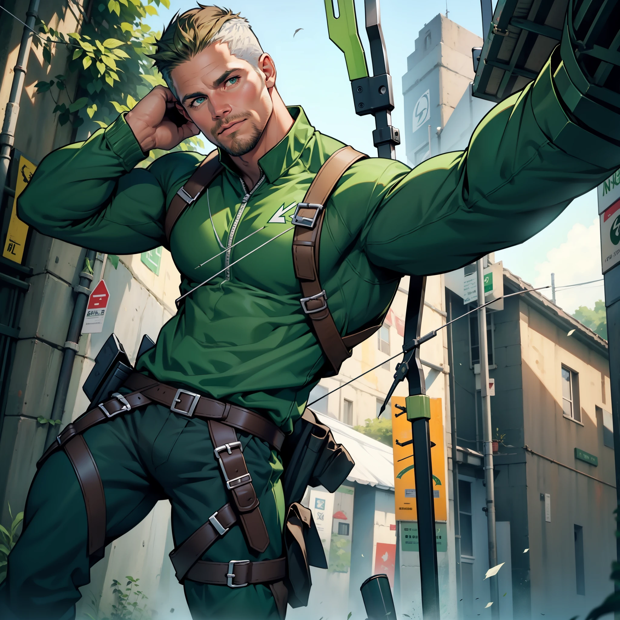 (((1 man in action))),(((lding his crossbow in his left hand ... aiming.... Shooting his arrows..... Running.... ))) , male focus solo,45 yo man,(((Stephen AMELL as green arrow WITH PERFECT ANATOMY))), (((shooting arrows from his CROSSbow, in action ))), (((lean muscle perfect anatomy))), open shirt, pants and brown boots, green finger gloves ,( bulge), full body shot, dark blond short hair, well groomed facial hair , ultra high quality, masterpiece, (((( blue and white and green arabesques lines in the background))))