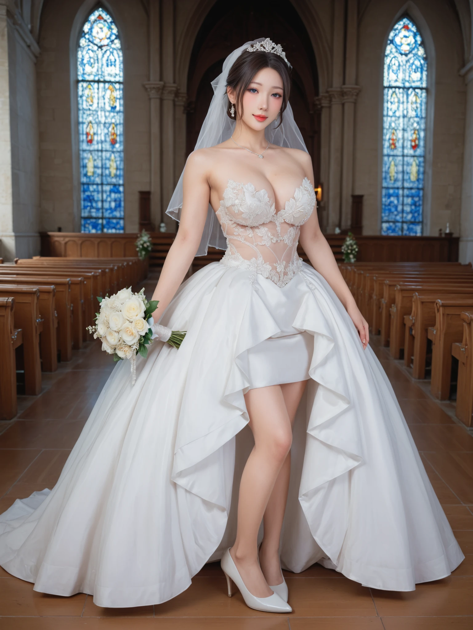 Highest Quality, masterpiece,watch viewers,Soft Touch,Delicate Body Curves,Realistic Human Body,Armpit,sweat,Beautiful woman wearing transparent wedding dress with jewels and high heels,church,Beautiful Slender Legs ,BIG BREASTS,薬指に指輪,holding a bouquet on the front,(profile),