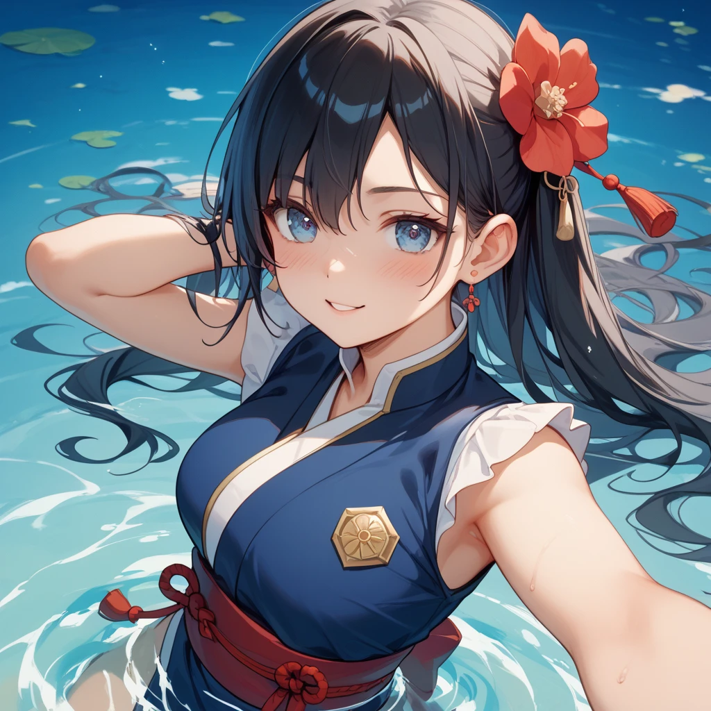 ((Master Masterpiece)), ((Top image quality)), illutstration, The girls１Guys, Hair color, Bangs, Hairstyle Fax,cat ear、 Portrait from the waist up, Slender、Constricted 、((small udder))、Maiden、kyoto、blackhair、((swim suit))、((top less))、((fnaked))、(kimono)、Japan Playground、emotionless、Oiran hairstyle、Japan、paper lantern、