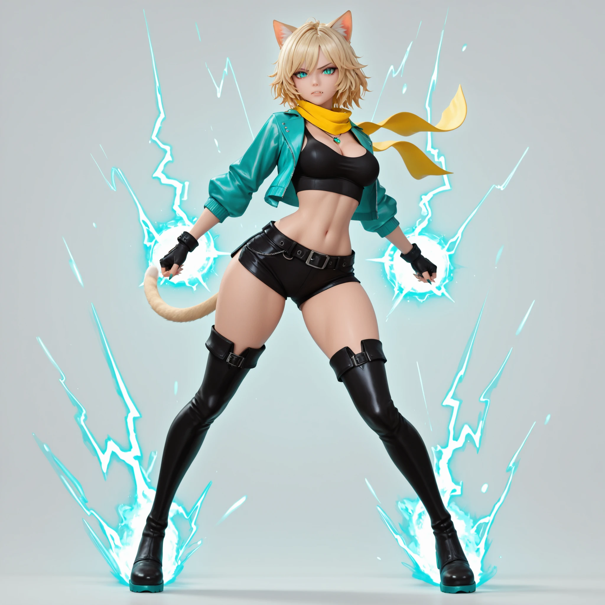 masterpiece, ultra-HD, impressionism, high detail, best quality, very aesthetic, 8K, best quality, beautiful, ultra-high resolution, 32K UHD, 3D, 1girl, solo, short messy blonde hair, turquoise eyes, slit pupils, cat ears, cat tail, sharp fangs, medium breasts, narrow waist, wide hips, thick thighs, petite, turquoise jacket, black crop top, cleavage, yellow scarf, black shorts, black fingerless gloves, black thigh high boots, belt, necklace, serious, dynamic pose, full body, turquoise lightning, turquoise rays, glowing, electric aura, aura, looking at viewer, simple background, front view