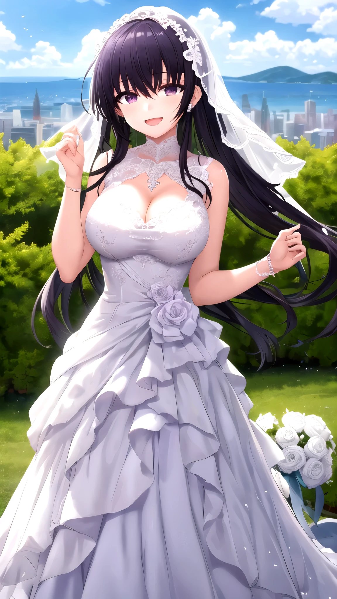 masterpiece, best quality, high quality, girl, solo, looking at viewer, amane_fujimiya, , wedding Dress, standing, smile, open mouth, outdoors 