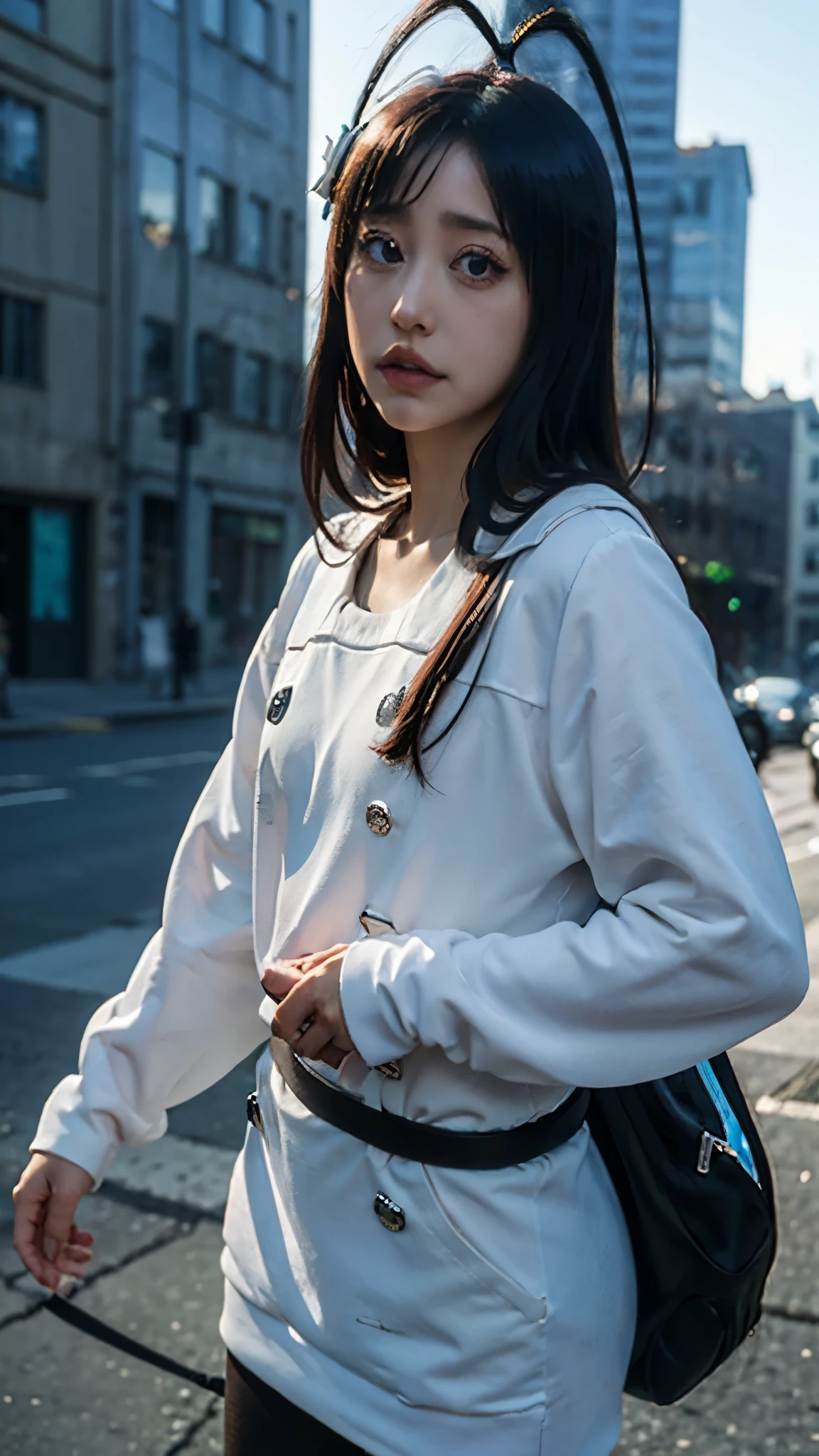 Half-body portrait of Giselle Gewelle from the anime Bleach, realistic and ultra-detailed. She has long dark hair, pale skin, and a mischievous yet eerie expression. Her eyes are sharp and captivating, with a faintly sinister charm. She is wearing her Sternritter uniform with precise detailing, fabric texture and folds rendered realistically. Background shows a realistic modern city with tall buildings and streets in the distance, adding depth and atmosphere. Lighting emphasizes depth and lifelike skin tones, with cinematic shading and high realism. Ultra-detailed textures in hair, clothing, and facial features, hyper-realistic anime style