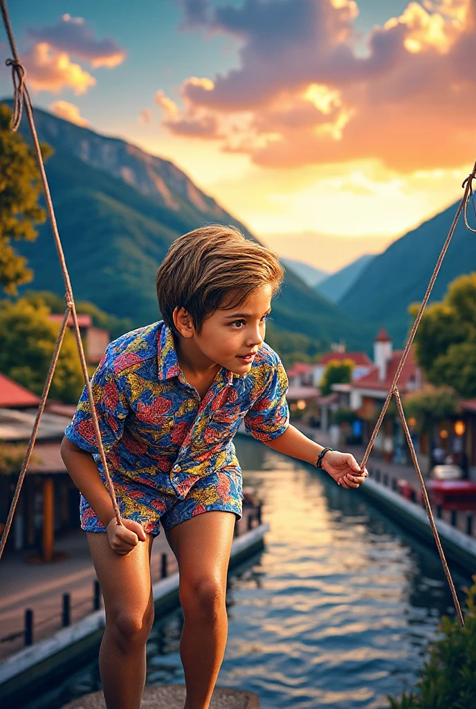 happy boy sitting on a swing on a beach, having a good time, swing on a tree, having a great time, family friendly, album photo, subtle detailing, light clothes, barefoot, dark blonde boy, legs crossed, holding himself in the string, (thin hairless legs), happy, morning