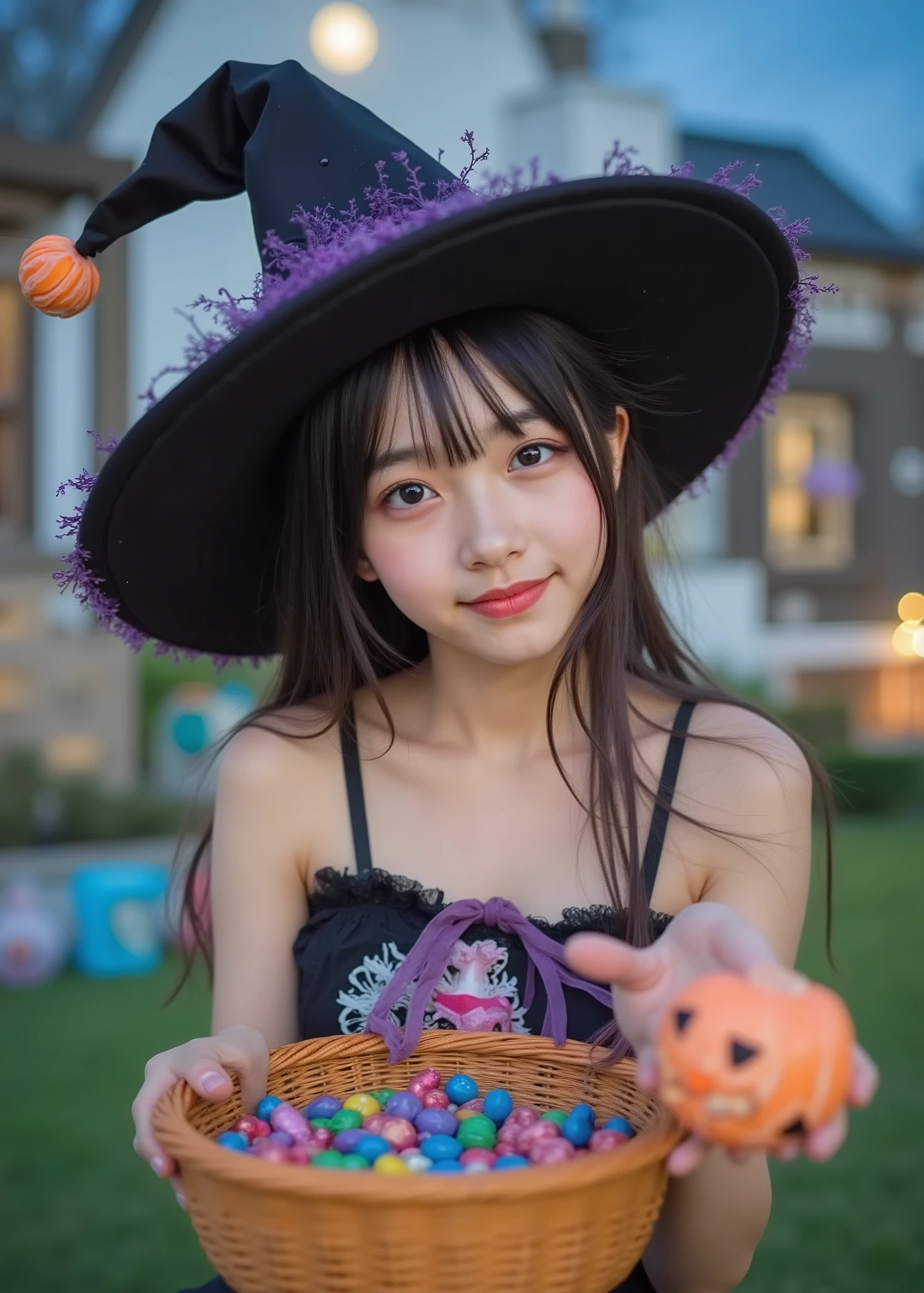 Japanese women in technical writing、Fairyland、 happy halloween 、Witch Hat、Cute Woman Who Cosplayed for Halloween、with sex appeal、Fairytale house with white clay walls、Grass garden、Moonlit Night、Colourful and big candies are falling in the garden、3D,high image quality、Realistic、movie-like lighting、fun atmosphere、high image quality、Detailed