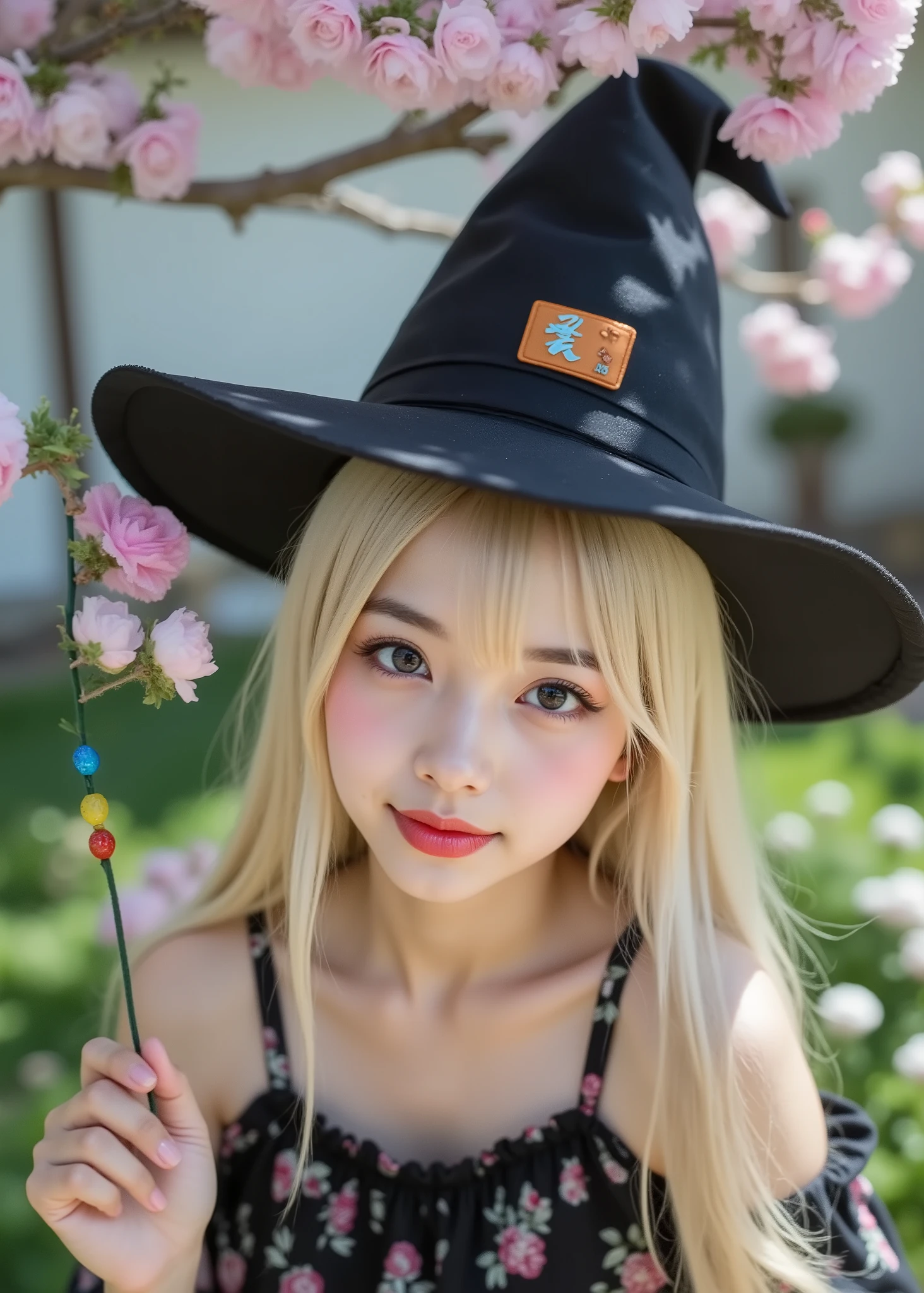 Japanese women in technical writing、Fairyland、 happy halloween 、Witch Hat、Crouching in the Lawn Garden、Cute Woman Who Cosplayed for Halloween、with sex appeal、Fairytale house with white clay walls、Shining Annals、Colourful and big candies are falling in the garden、in accordance with visual refinement、wide-angle lens with broad skin,high image quality、Realistic、movie-like lighting、fun atmosphere、high image quality、Detailed