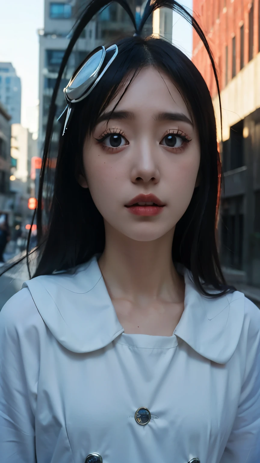 Half-body portrait of Giselle Gewelle from the anime Bleach, realistic and ultra-detailed. She has long dark hair, pale skin, and a mischievous yet eerie expression. Her eyes are sharp and captivating, with a faintly sinister charm. She is wearing her Sternritter uniform with precise detailing, fabric texture and folds rendered realistically. Background shows a realistic modern city with tall buildings and streets in the distance, adding depth and atmosphere. Lighting emphasizes depth and lifelike skin tones, with cinematic shading and high realism. Ultra-detailed textures in hair, clothing, and facial features, hyper-realistic anime style