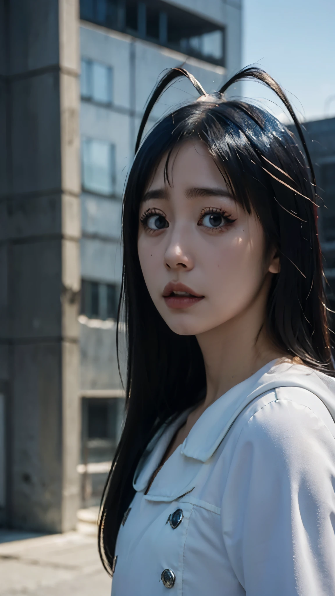 Half-body portrait of Giselle Gewelle from the anime Bleach, realistic and ultra-detailed. She has long dark hair, pale skin, and a mischievous yet eerie expression. Her eyes are sharp and captivating, with a faintly sinister charm. She is wearing her Sternritter uniform with precise detailing, fabric texture and folds rendered realistically. Background shows a realistic modern city with tall buildings and streets in the distance, adding depth and atmosphere. Lighting emphasizes depth and lifelike skin tones, with cinematic shading and high realism. Ultra-detailed textures in hair, clothing, and facial features, hyper-realistic anime style