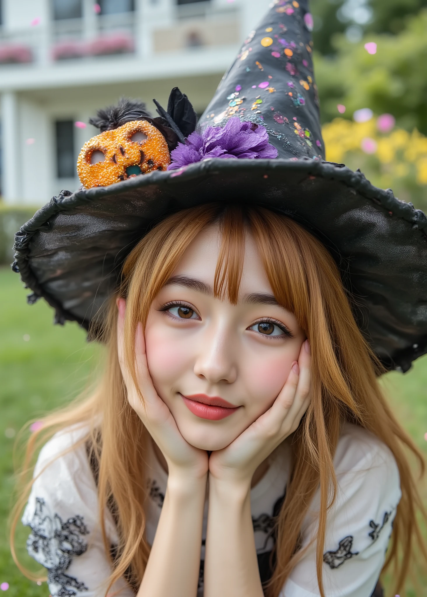 Japanese women in technical writing、Fairyland、 happy halloween 、Witch Hat、Crouching in the Lawn Garden、A cute woman in a Halloween cosplay with sex appeal、Fairytale house with white clay walls、Shining Annals、A big colorful candy is falling in the garden、in accordance with visual refinement、wide-angle lens with broad skin,high image quality、Realistic、movie-like lighting、fun atmosphere、high image quality、Detailed